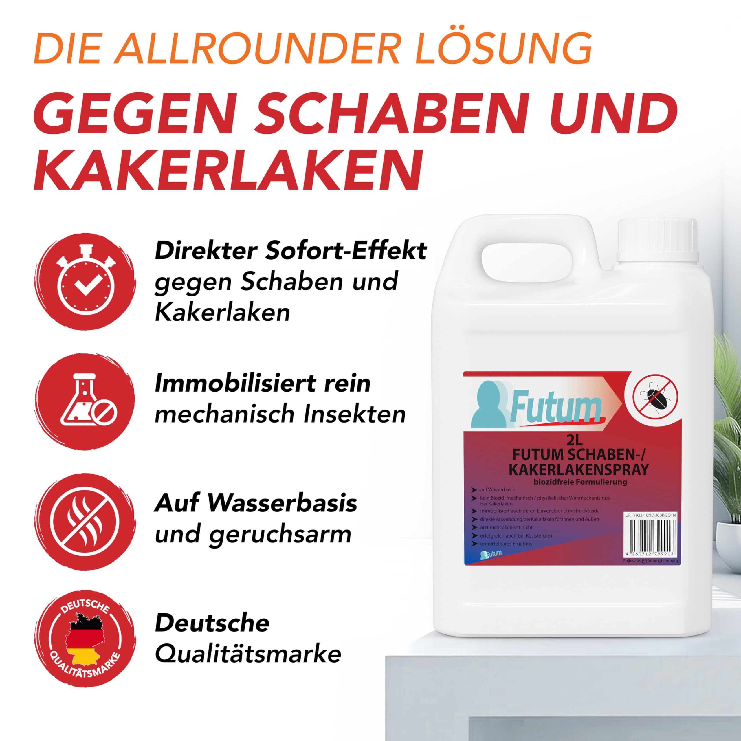 Schaben Spray 2 Liter + Drucksprüher Kakerlaken bekämpfen auf Wasserbasis Ohne Treibgase wirkt gegen Eier Innen & Außen