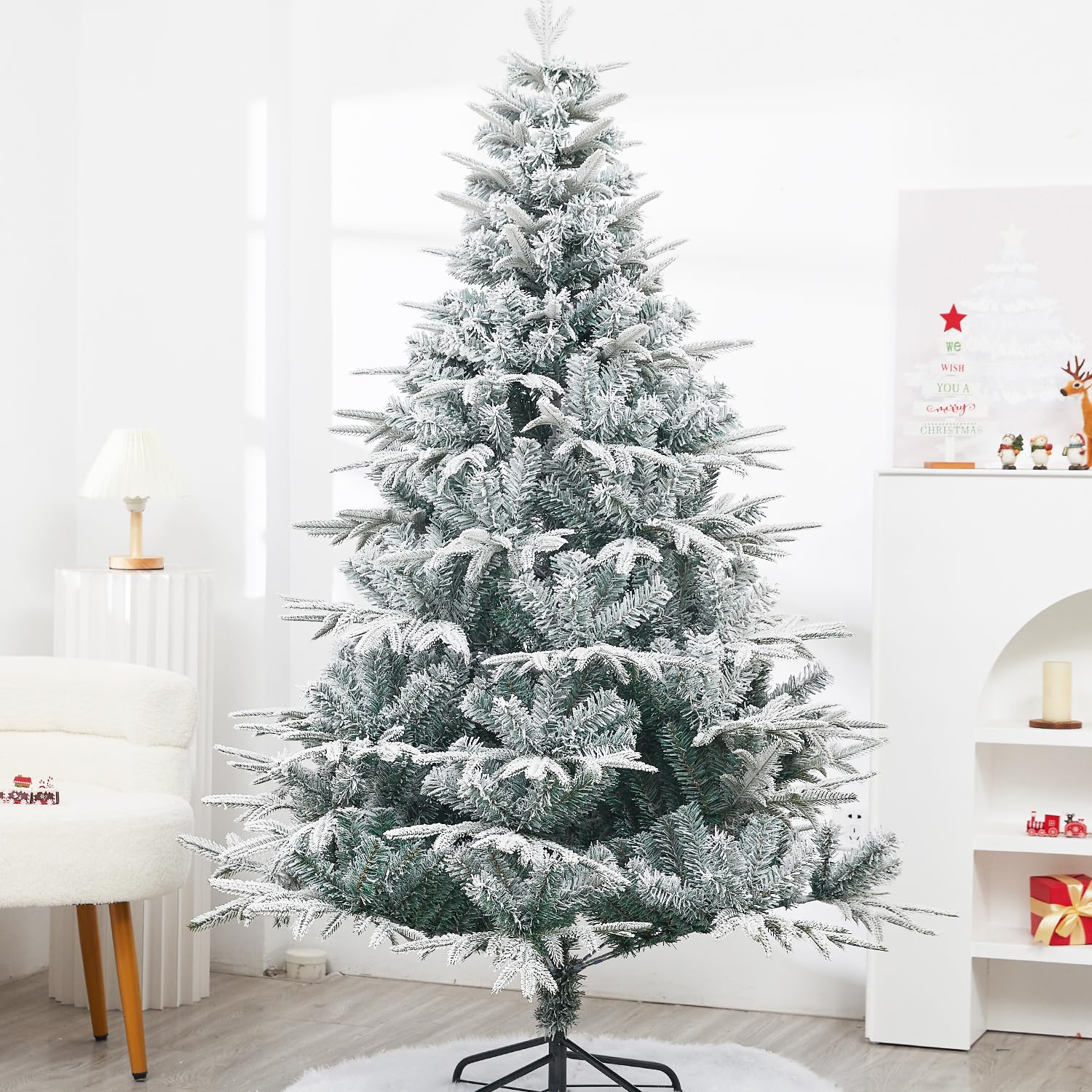 7FT árbol de Navidad Artificial Nieve Apilado árbol de Pino, 1080 Puntas de Rama Bisagra PVC/PE Materiales Combinados árbol de Navidad con Base de Metal, Interior Exterior Décor de Vacaciones