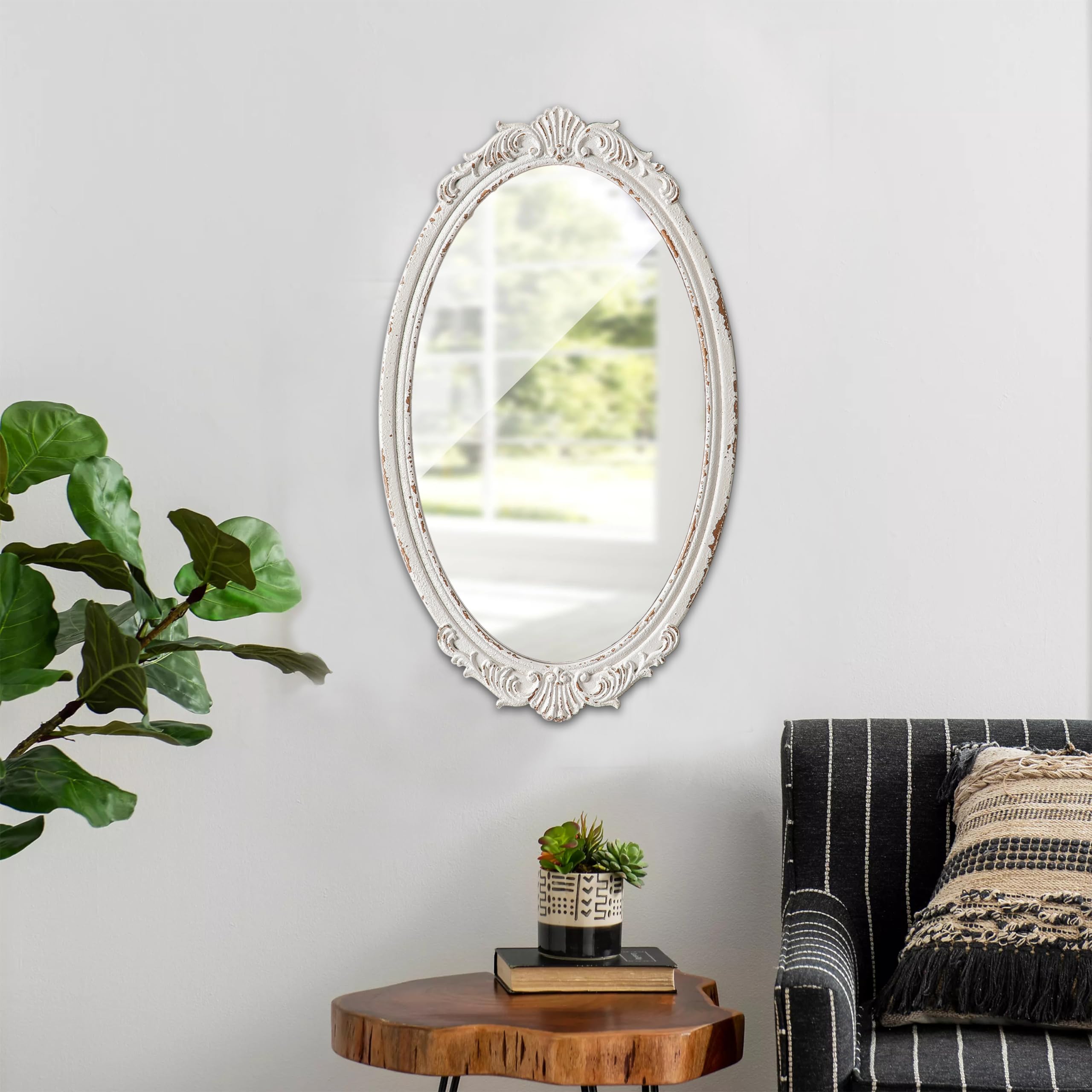 Sintosin Vintage spiegel, ovaal, houten frame, 54 x 51 cm, barok decoratieve wandspiegel, wit, rustieke hangspiegel voor wanddecoratie, horizontaal of verticaal