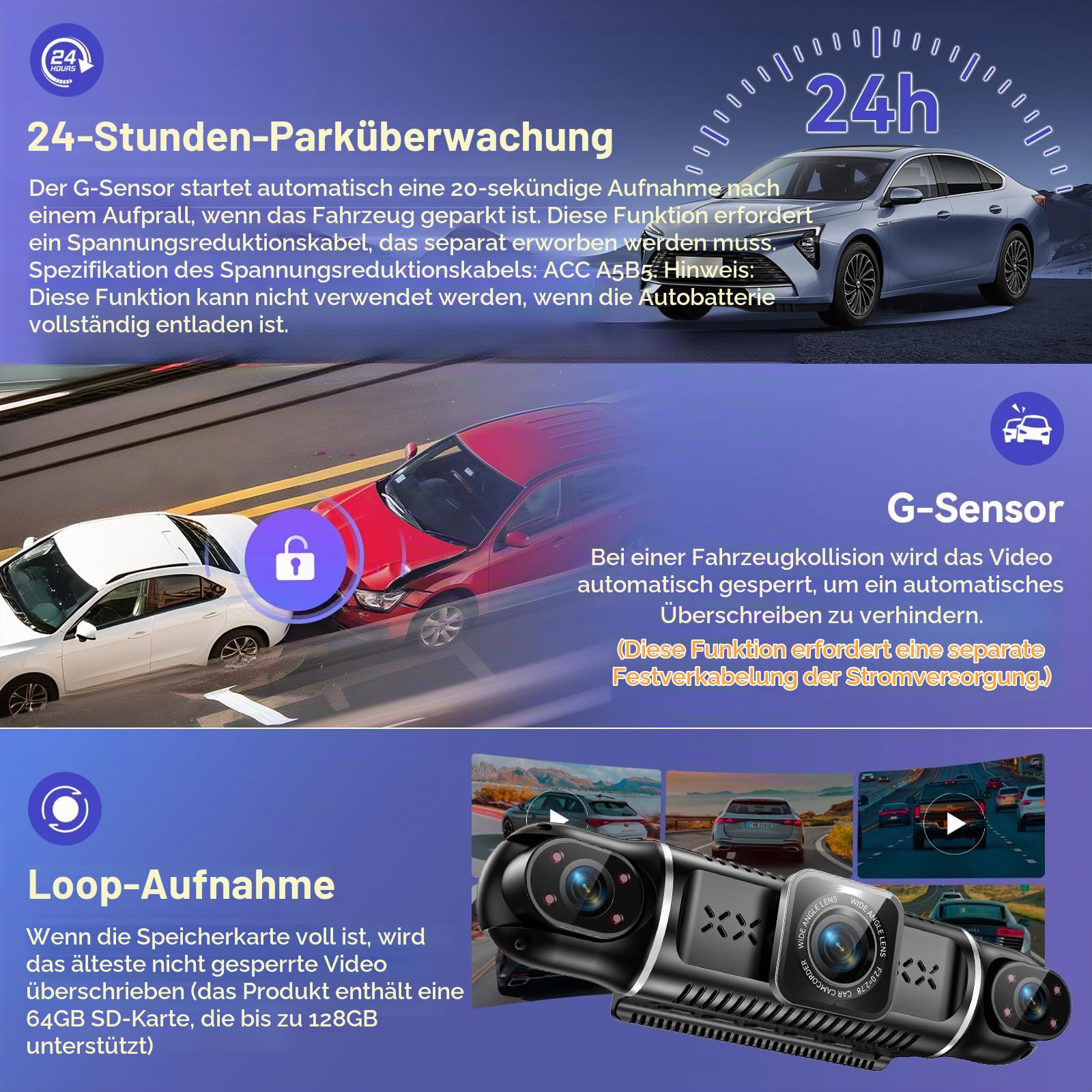 4K dashcam Auto vorne hinten 4 Kanal Dash cam mit 3" IPS-Bildschirm