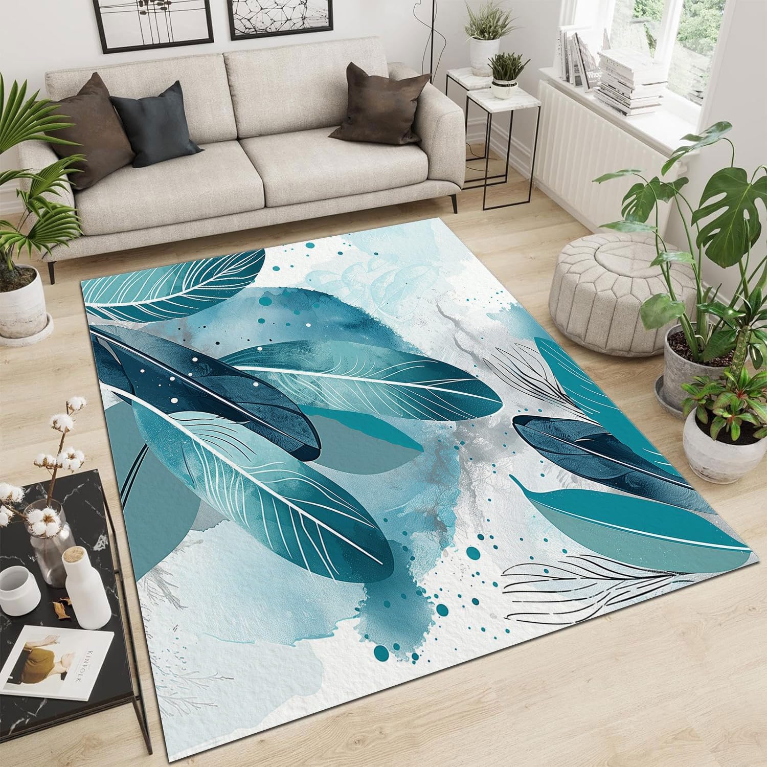 Plant Leaves with Striped Feathers Rug 2x3 Rug Area Rugs for Bedroom Living Room, Green Patterned Large Rug & Washable Non Slip Indoor Floor Carpet & Home Decor