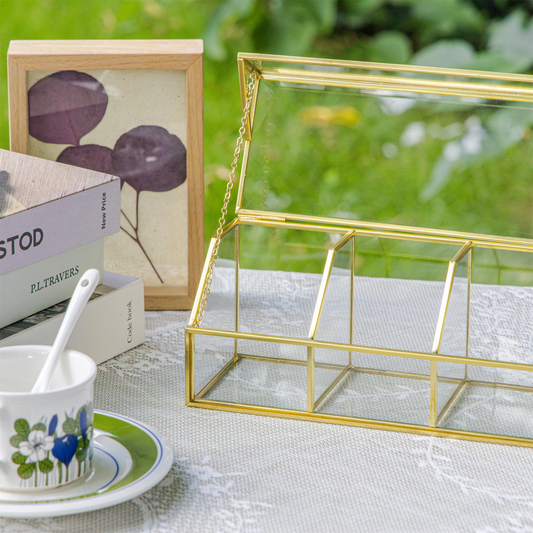 NCYP Organiseur de sachets de thé en verre avec 5 compartiments, comptoir d'intérieur en laiton avec couvercle, boîte de rangement, décoration, faite à la main (boîte en verre uniquement)
