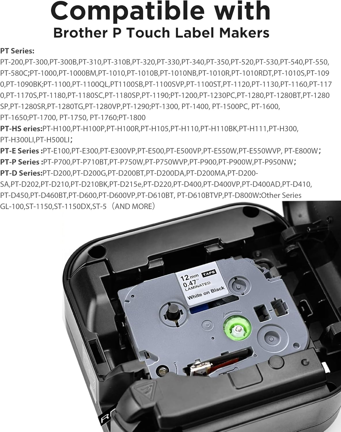 6-Pack TZe-335 Label Tape White on Black Replacement for Brother TZe335 TZ-335 P Touch Label Tape 12mm 0.47 Laminated TZe TZ Tape Work with Brother PT-D210 PT-D220 PT-H110 PT-H100 D400AD Label Maker - Image 2