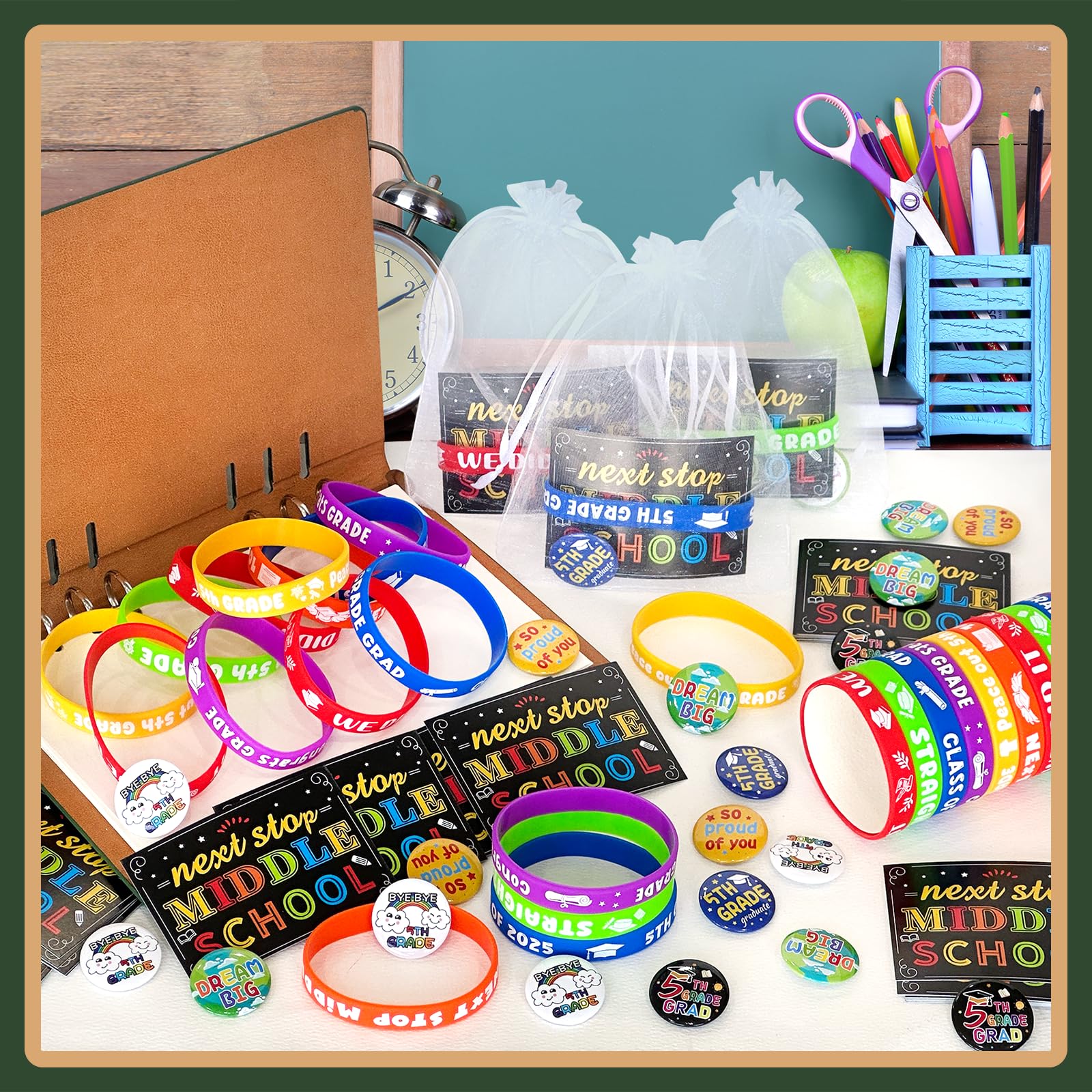 144 Pcs 5th Grade Graduation Gifts Include 36 Rubber Wristbands 36 Graduation Badges 36 Congratulations Graduations Card 36 Organza Bags for Fifth Grade Party Favors Supplies