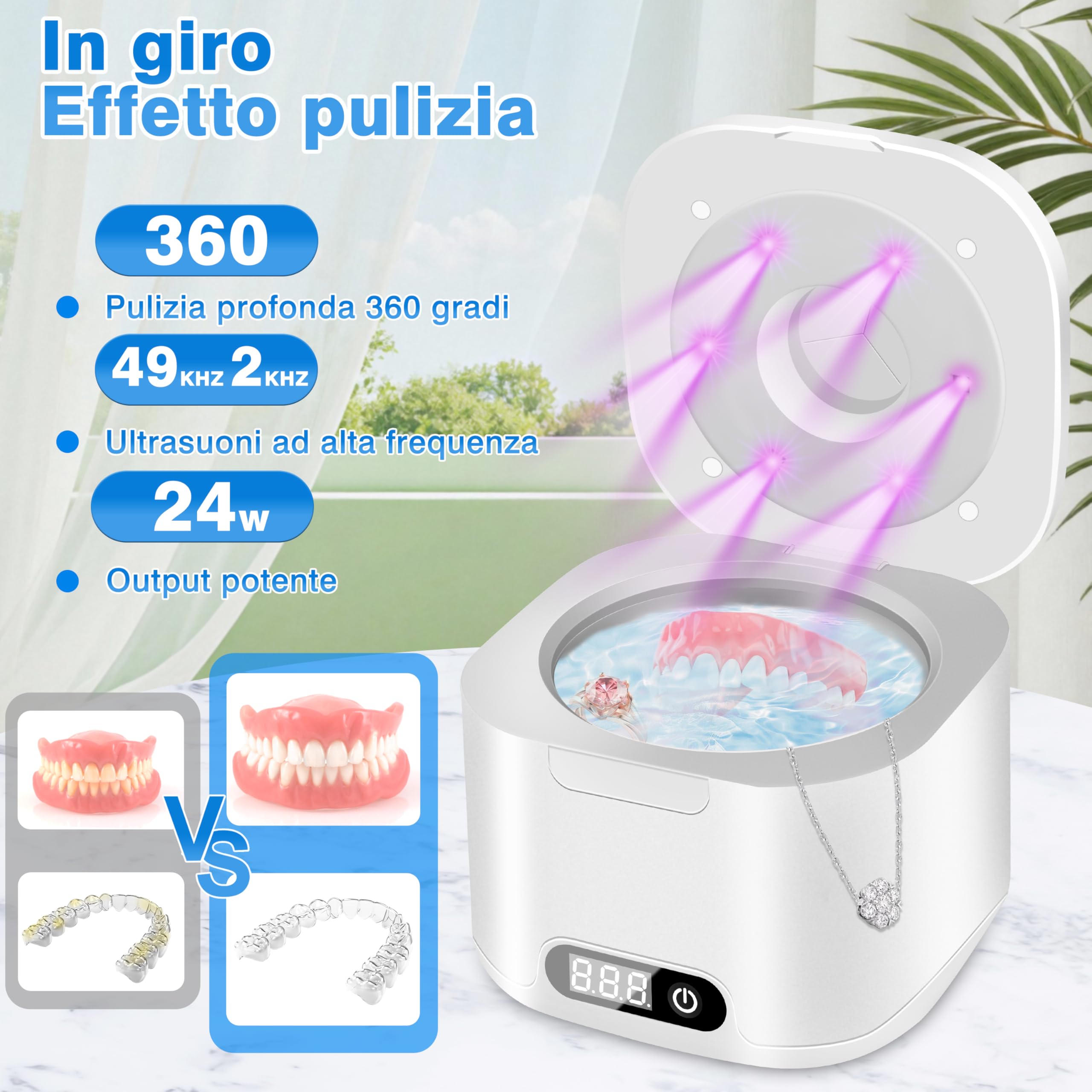 Charmofun Pulitore Ultrasuoni 49000Hz, 340ML Pulitore Ultrasuoni Apparecchio Denti con Luce UV, Ultrasonic Cleaner con 4 Modalità Temporali, Lavatrice Ultrasuoni per Bite, Protesi dentali, Orologi, Gi