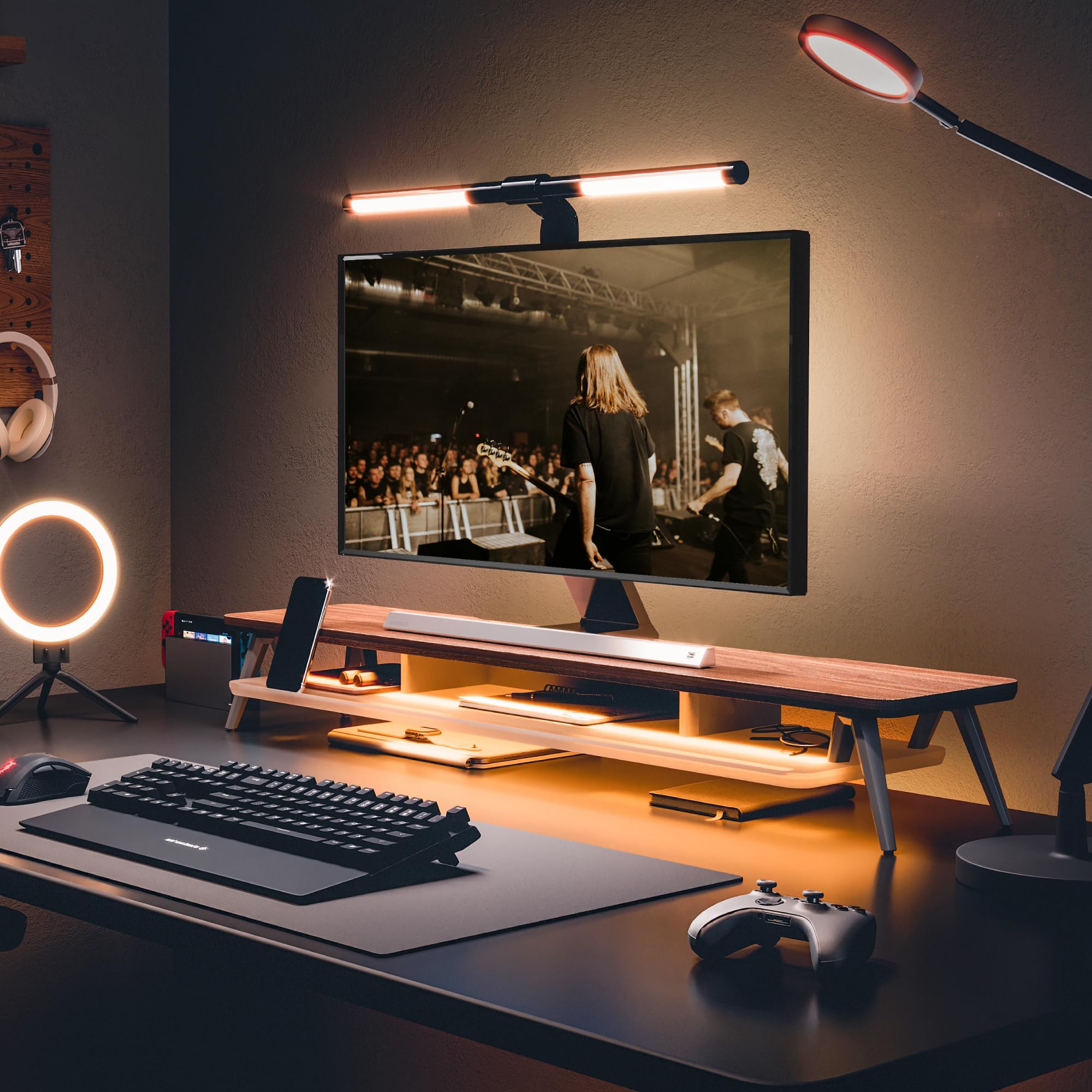 Fenge Monitorständer,108cm, LED-Beleuchtung für Laptop PC TV, Braun | Schaltbare Farben, 2 Geräte, Bis 45kg, Ablagefach für Telefon/Tablet/Stift, Acryl-Ablage, Bildschirm Schreibtisch Büro Home