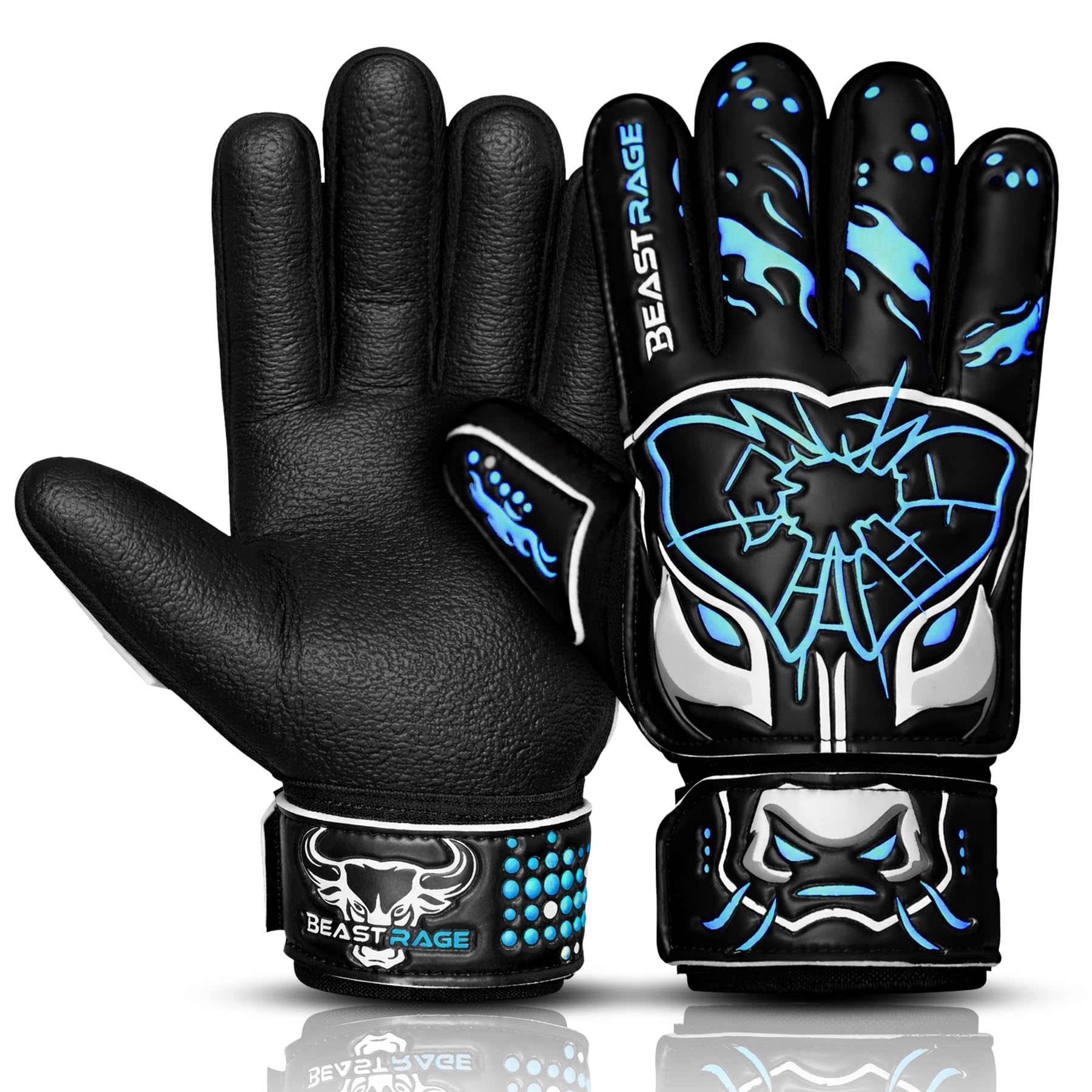 BEAST RAGE Kids Goalkeeper Gloves–Premium Anti-Slip German Latex 3MM+4MM Laminated Palm,Lightweight Backhand 3+4MM,Adjustable Wrist Strap,Soccer Goalie Gloves for Kids,Youth and Adults (Cyan, 8)