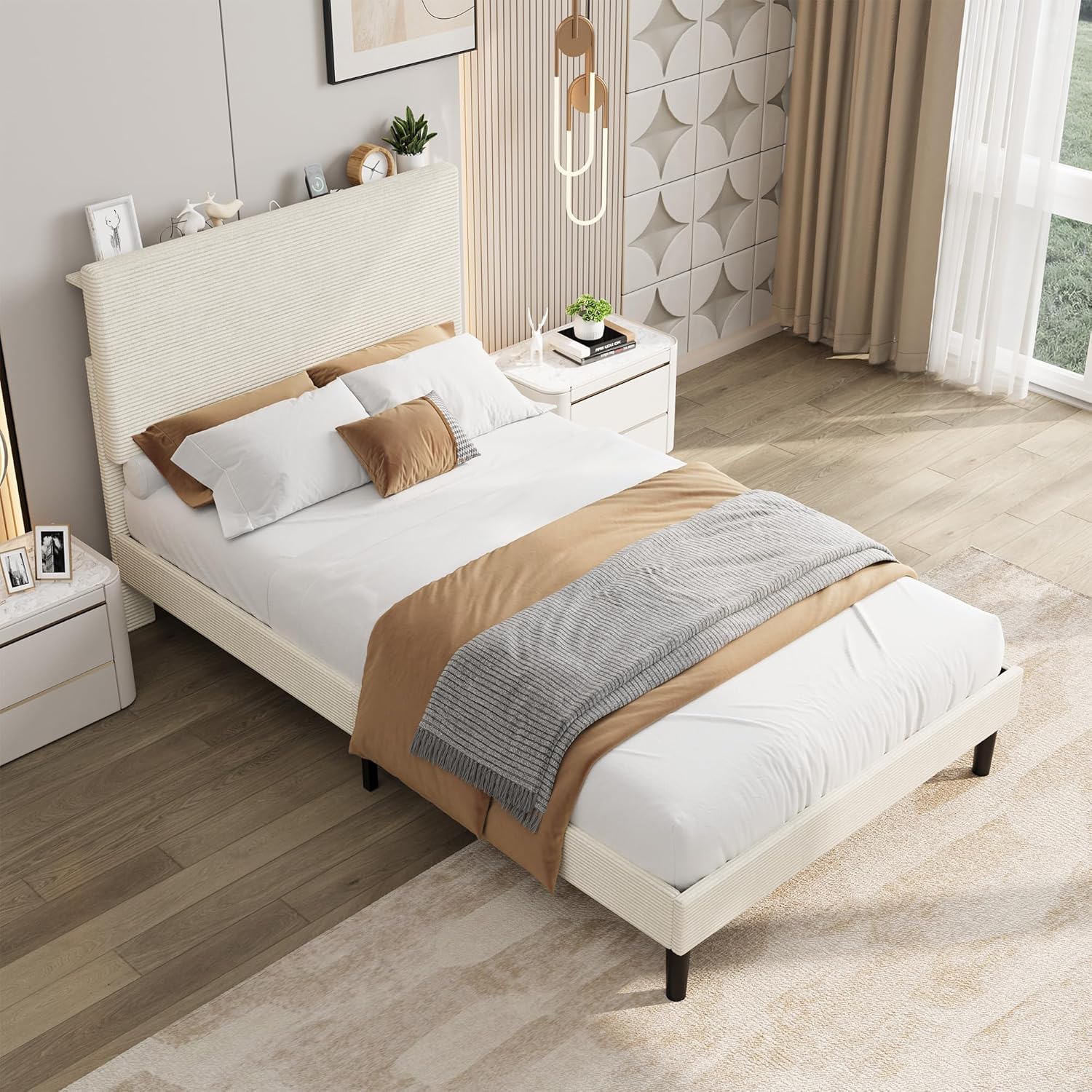 Garvee Twin Size Bed Frame with USB Charging Station, Corduroy Upholstered Platform Bed Frame with Adjustable Storage Headboard, Wooden Slats Support, No Box Spring Needed, Easy Assembly, Beige