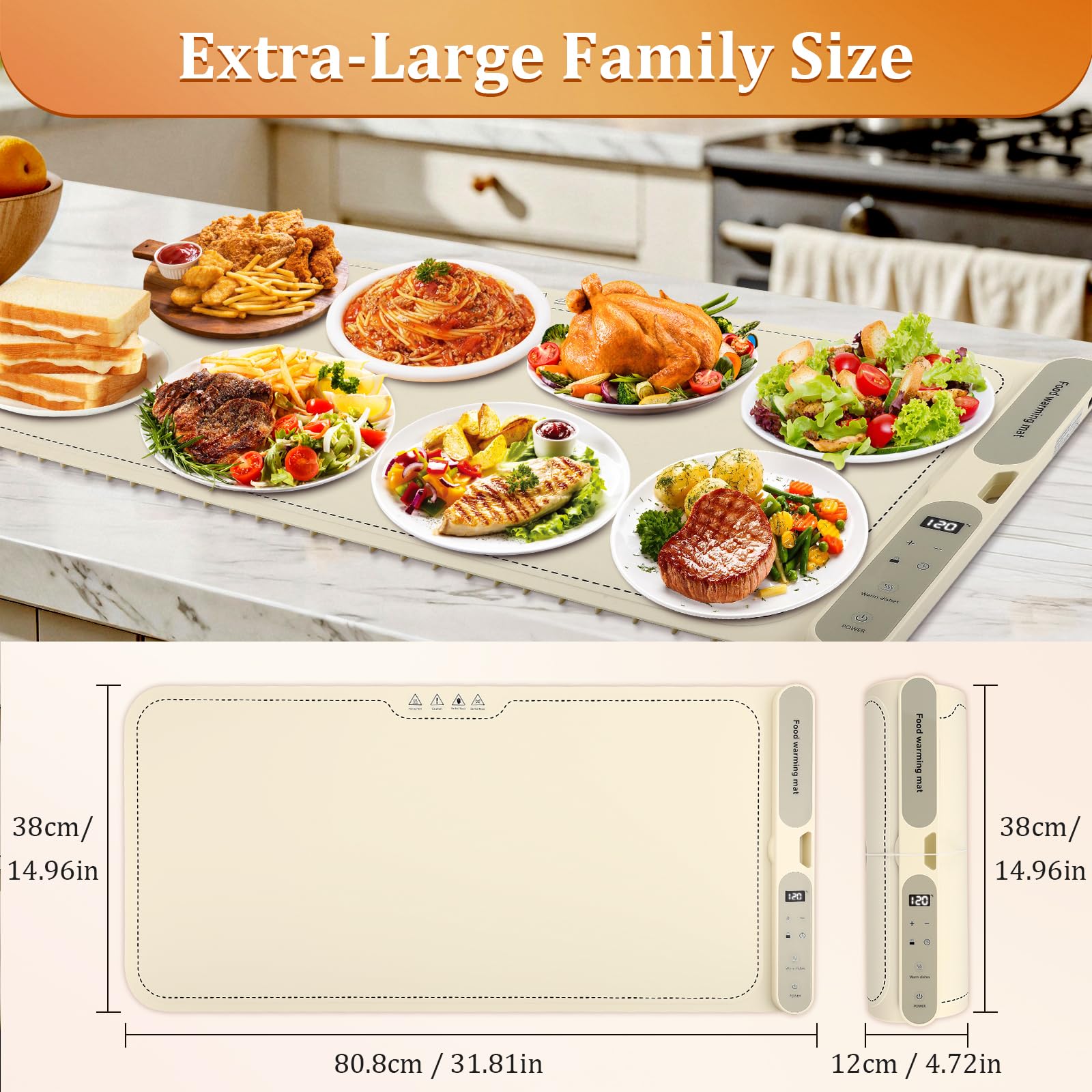 Bandeja de Calentamiento de Silicona 80 * 38cm con 7 Niveles y Bloqueo para Niños de 1–8H, Bandeja Calentador de Comida Eléctrica Calienta Platos de Comida Ideal para Buffets, Familia, Fiesta