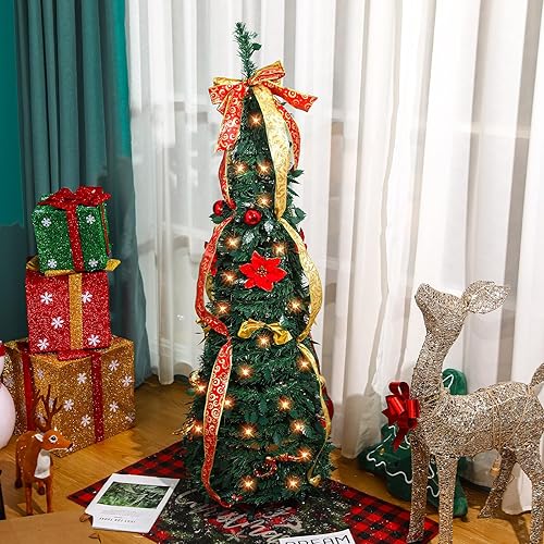 Miniatura 4 de Liliful Árbol de Navidad predecorado de 4 pies con luces, árboles de Navidad plegables y artificiales, preiluminados, con adornos, cinta y lazo para