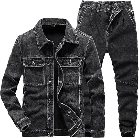 Amazon メンズカジュアルパンツスーツハイストリートルーズブラックカウボーイジャケットとジッパージーンズツーピースセット ロングパンツ 通販