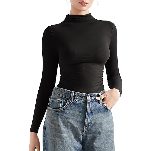 SUUKSESS Women Ribbed Modal Long Sleeve Casual Tops High Neck Going Out T Shirts