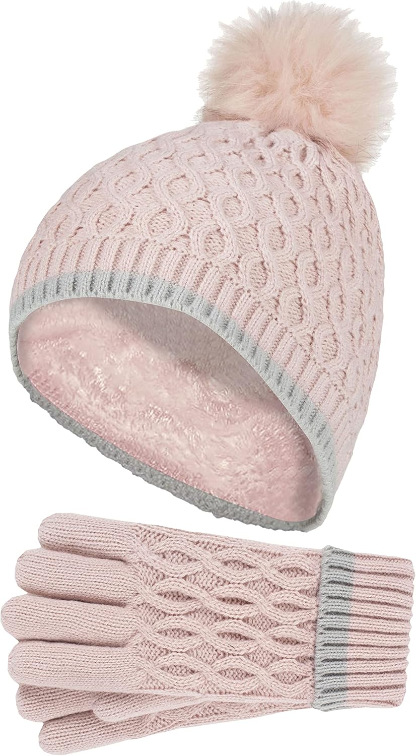 HEAT HOLDERS Girls Winter Striped Colourful Pastel Design Pom Pom Hat and Gloves
