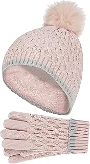 HEAT HOLDERS Girls Winter Striped Colourful Pastel Design Pom Pom Hat and Gloves (7-10 Years, Dusky Pink)