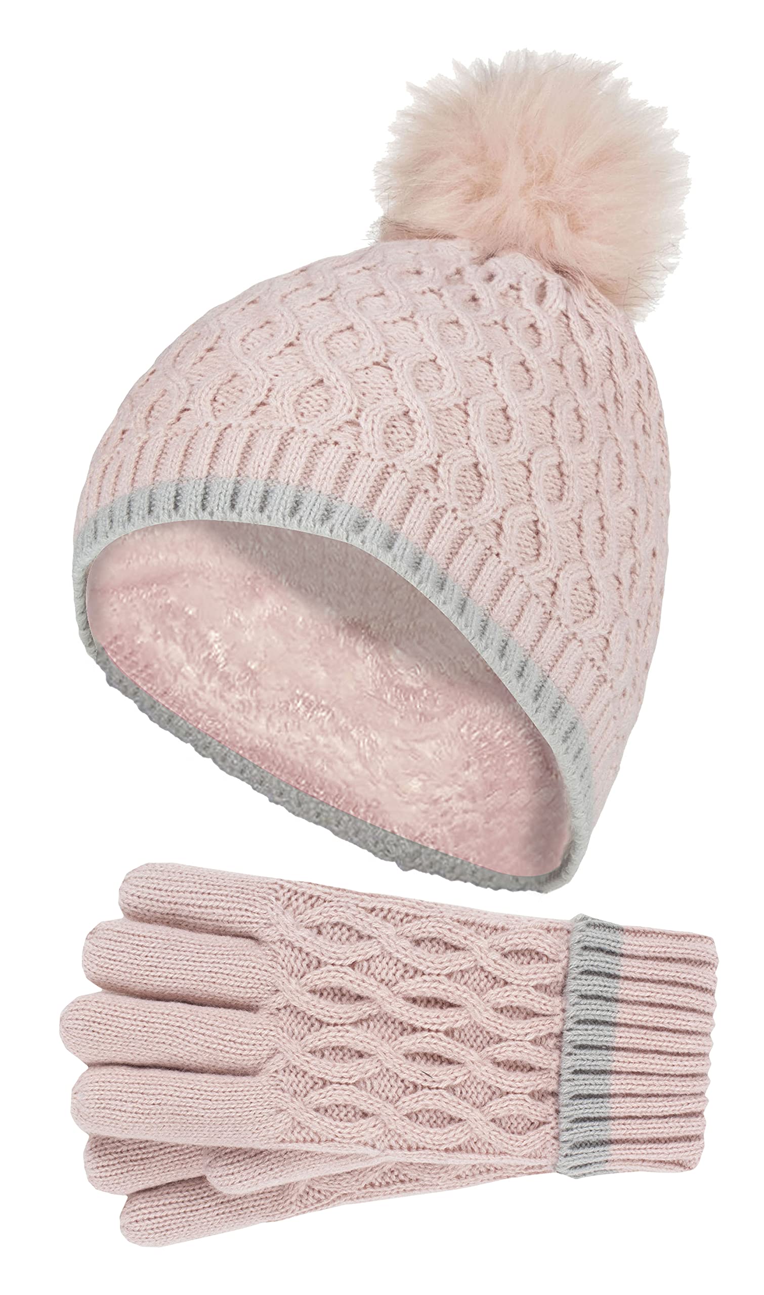 Heat Holders Thermal Insulated Pom Pom Bobble Beanie Hat & Gloves in Pink | Size: 7-10 Years