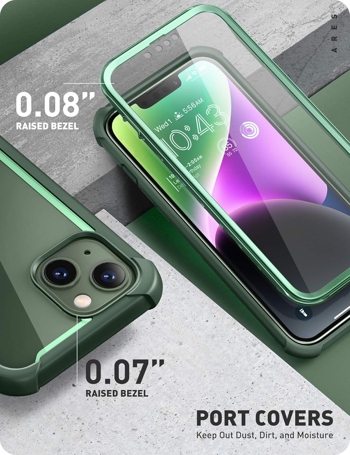 i-Blason iPhone 14 (2022) / iPhone 13 (2021) 6.1 Inch Case with Built-in Screen Protector, Transparent Back, Shockproof Airbags Bumper [Ares Series] 360 Degree Full Protection (Green)