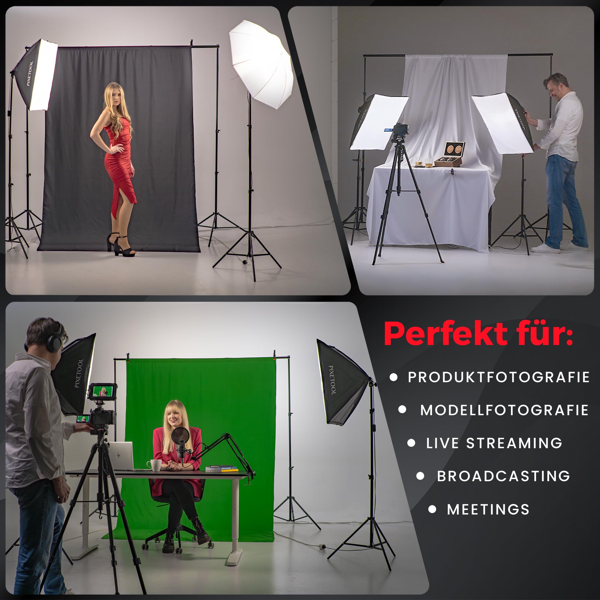 Fotostudio Set – 2 Softbox 70 x 50 cm, 2 Durchlichtschirm, 2 LED Lampen 4800 Lumen 3000-6000K Licht – Softboxen - Fotolicht Videolicht Fotolampe – Light Streaming Video Fotografie Studiolicht