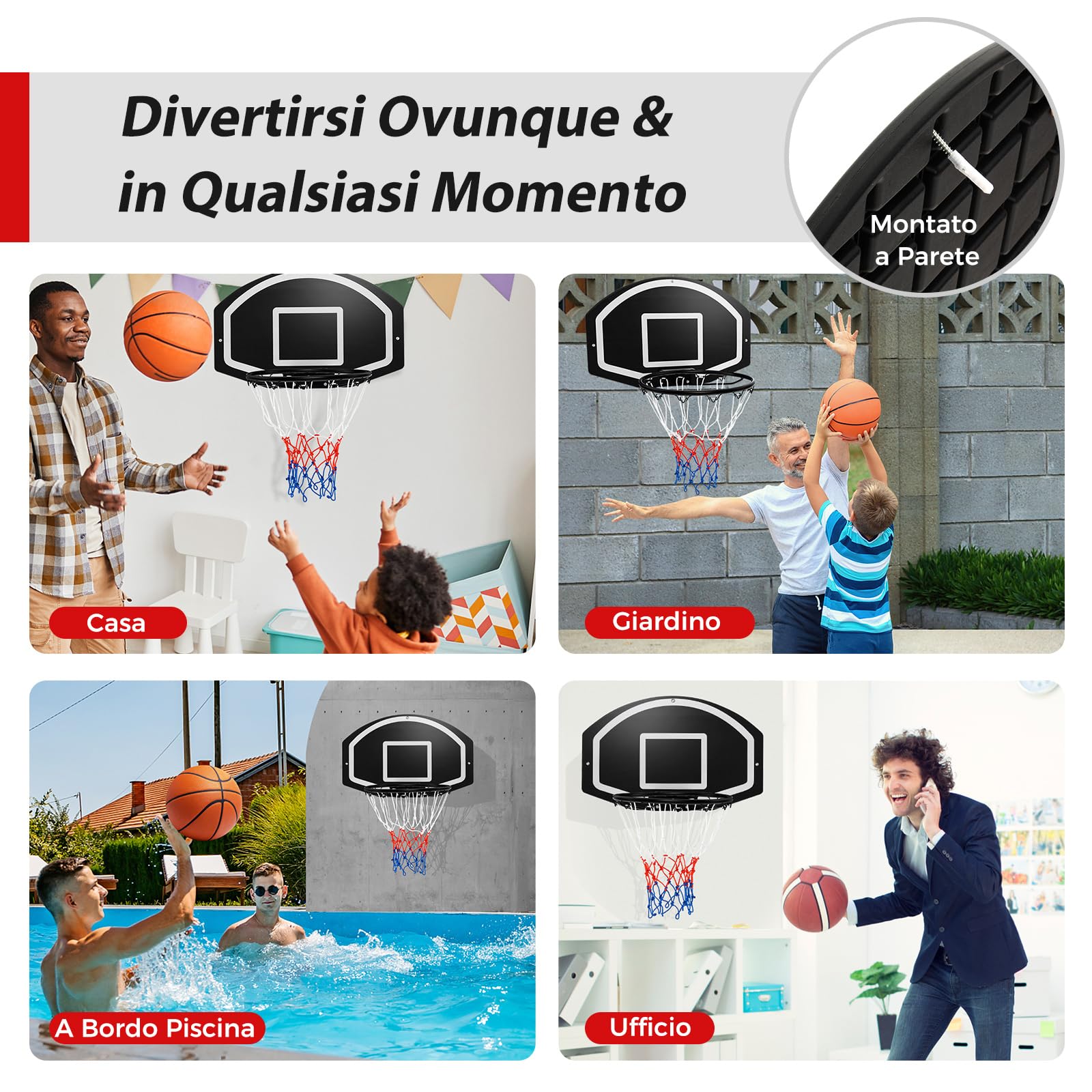COSTWAY Tabellone Basket da Muro per Bambini e Adulti, Canestro da Basket a Parete con Tabellone Antiproiettile da 72 x 45,5 cm, Rete Anti-vento e Accessori Completi