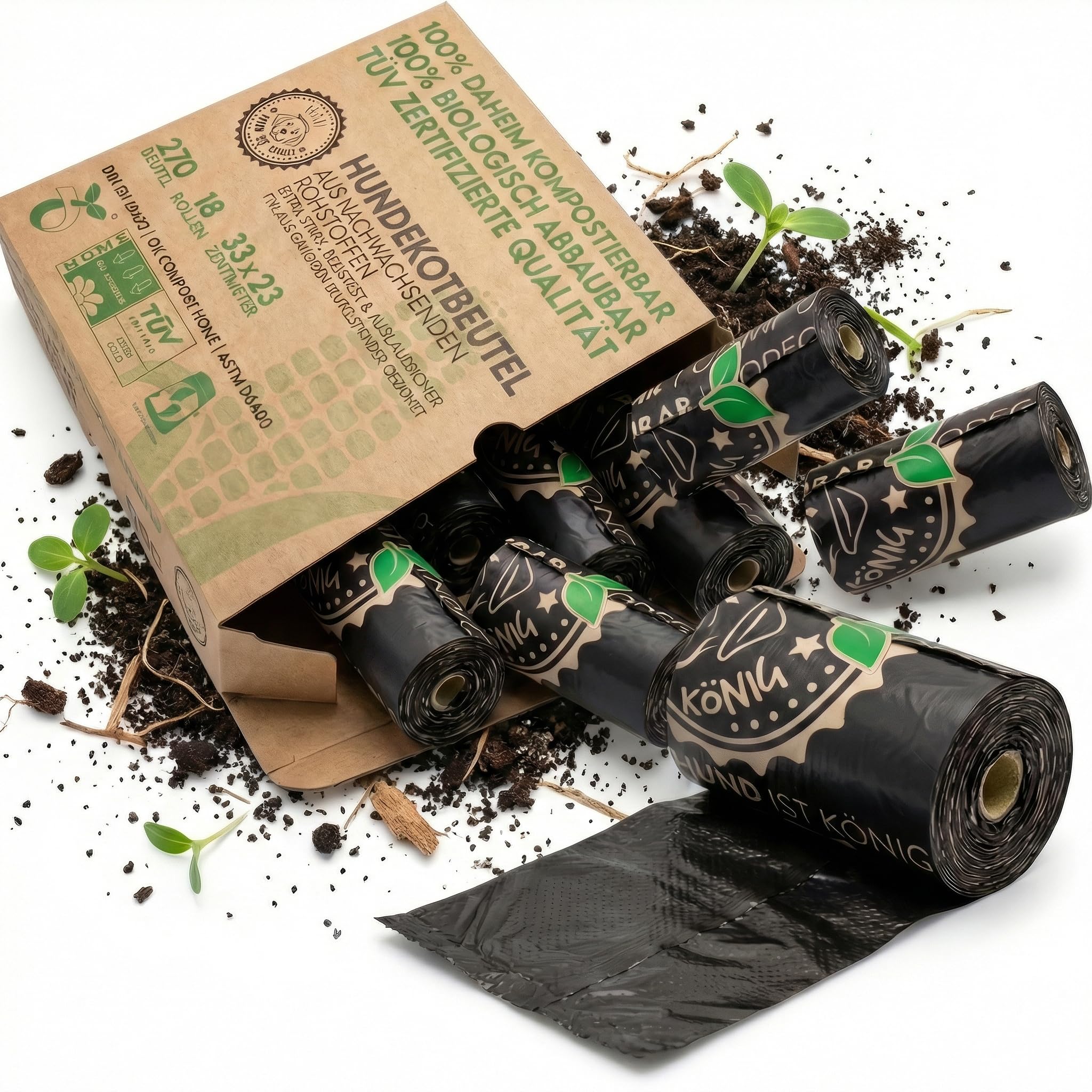 HUND IST KÖNIG Hundekotbeutel biologisch abbaubar [270 Stk.] 100% kompostierbare Kotbeutel für Hunde OK compost HOME zertifiziert - Reißfeste Hunde Kotbeutel Rollen | Hunde Beutel blickdicht