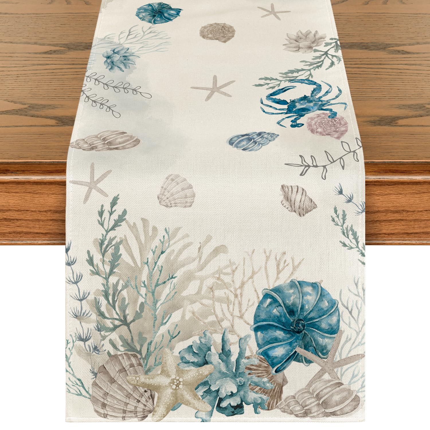 Artoid ModeCoral Starfish Whelks Summer Table Runner, Seasonal Spring Kitchen Dining Table Decoration for Home Party Decor 13x72 Inch