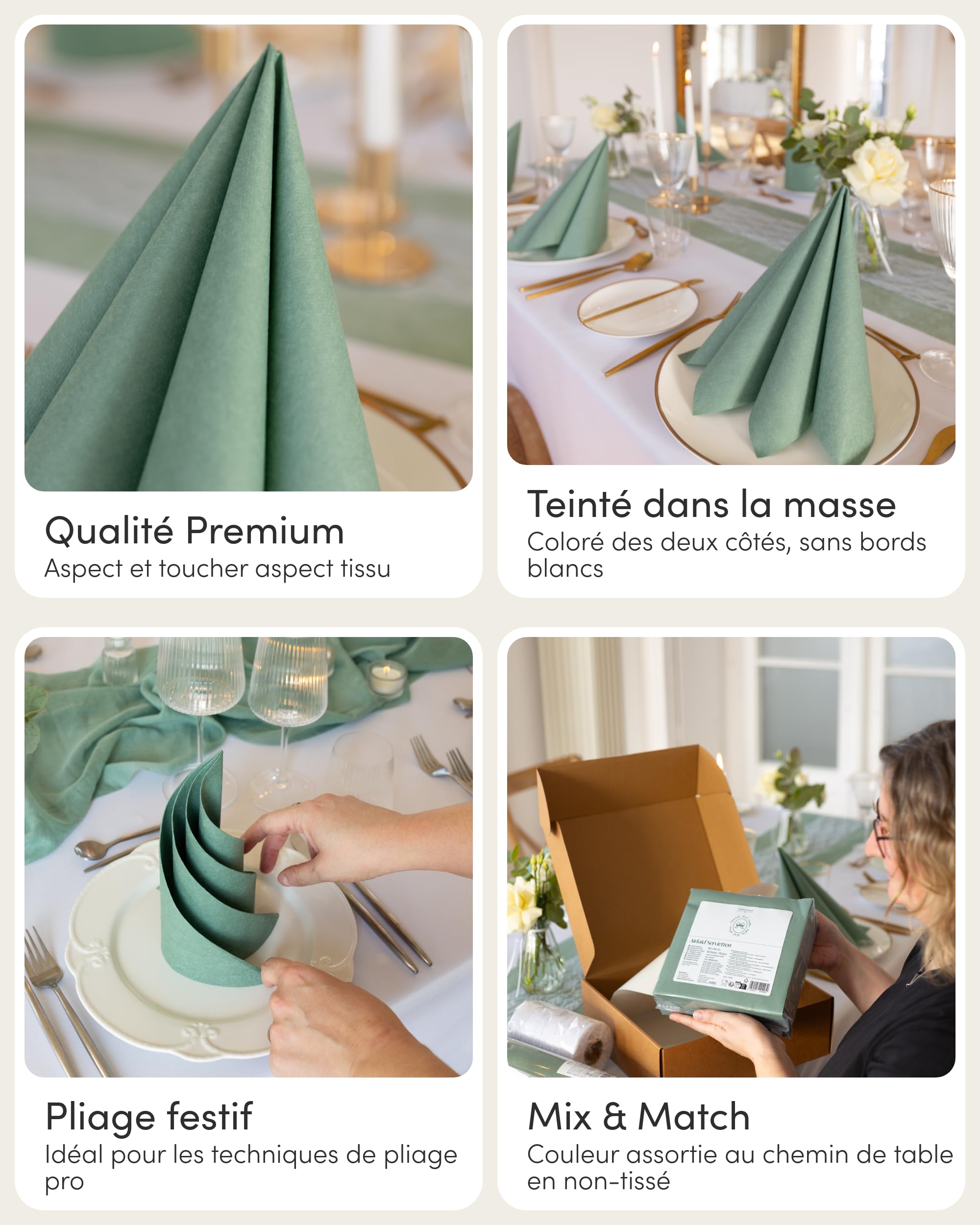 100%Mosel Serviettes en airlaid, 50 Pièces (40 x 40 cm), en Vert Eucalyptus | Aspect tissu – Déco de table premium pour mariage, communion, baptême & anniversaire