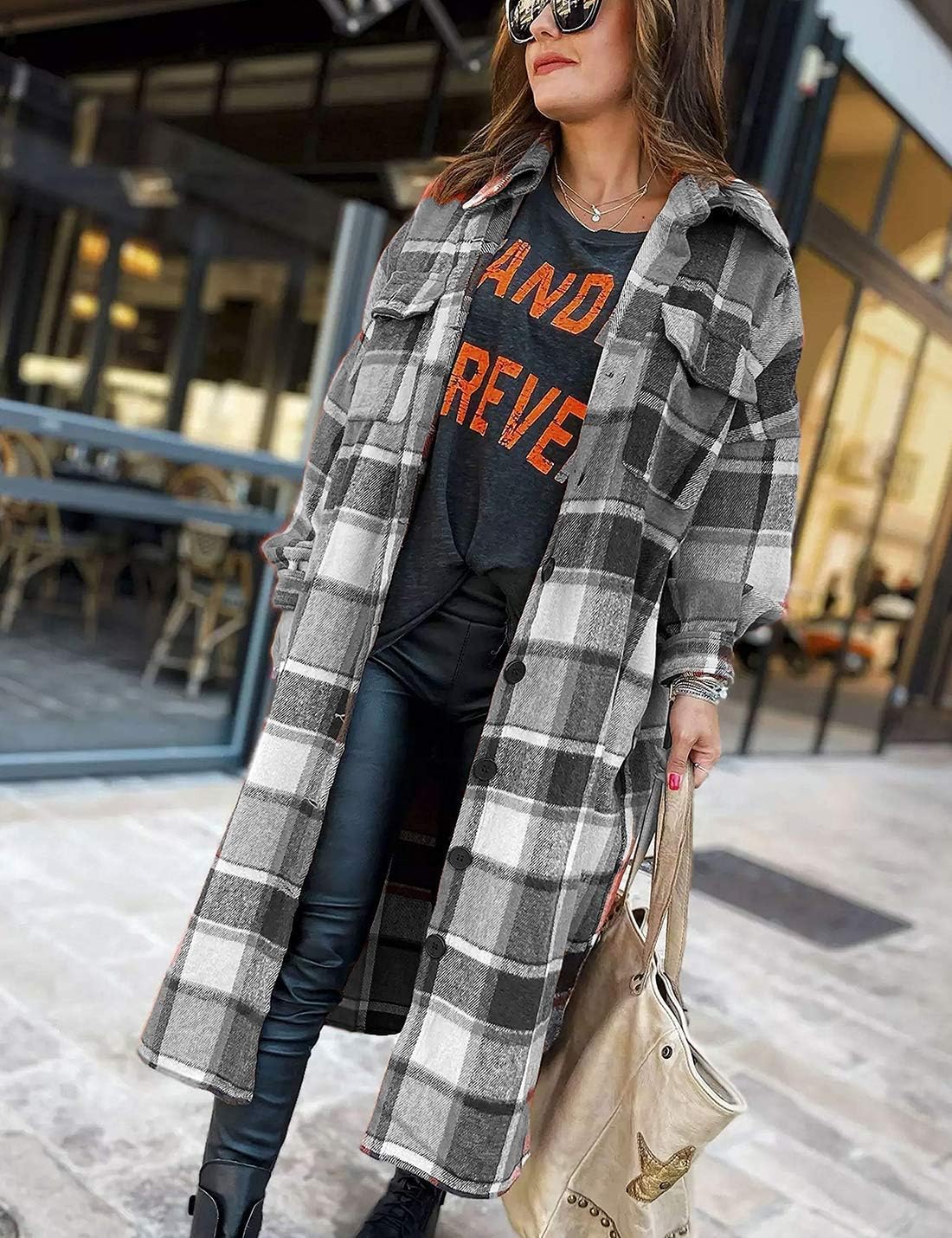 PUWEI Women's Casual Lapel Button Down Long Plaid Shirt Coat Tartan Shacket Jacket - Image 3