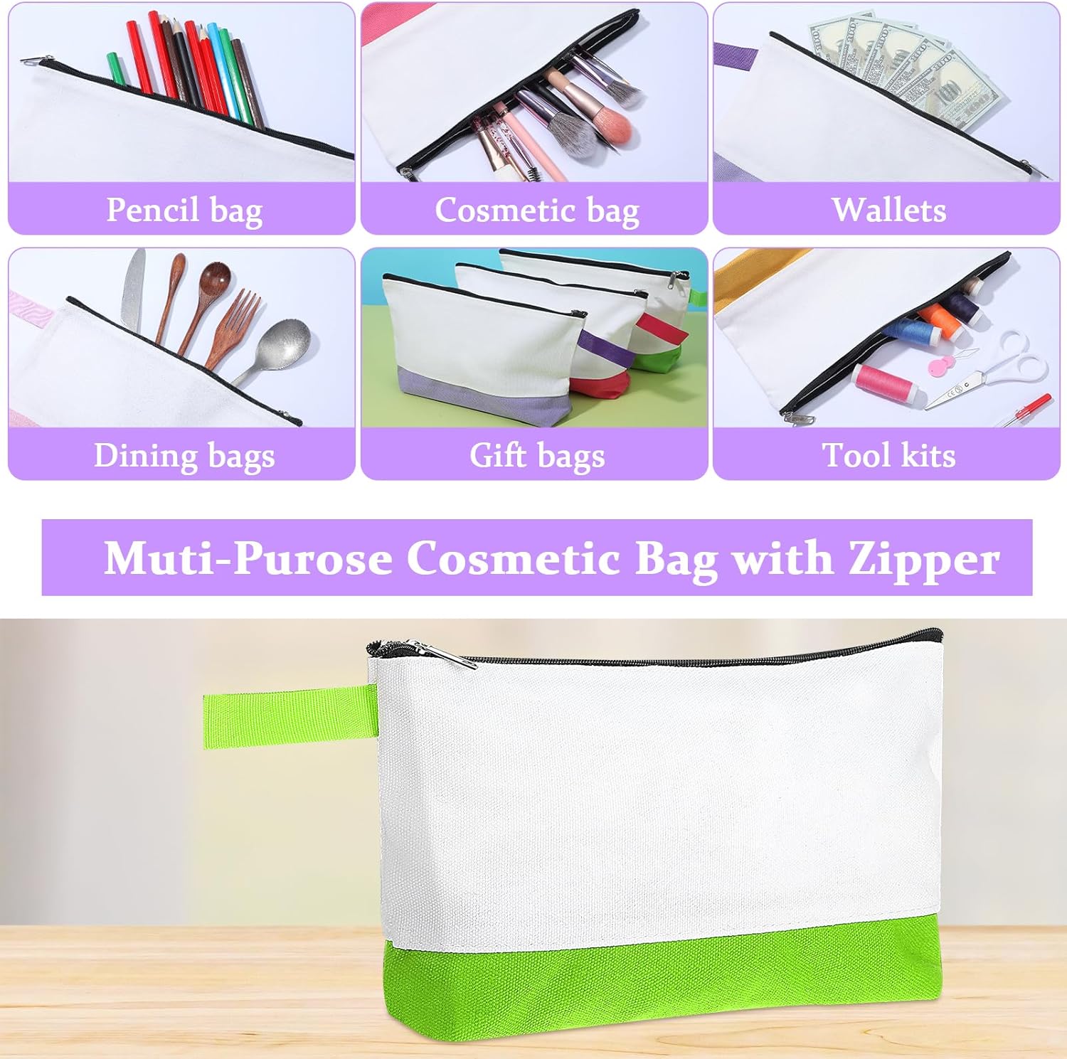 10 Pieces Cotton Canvas Makeup Bag with Zipper – Multi-Purpose Travel Toiletry Pouch, Blank DIY Cosmetic Bag with Bottom & Strap (9 Colors) - Image 5