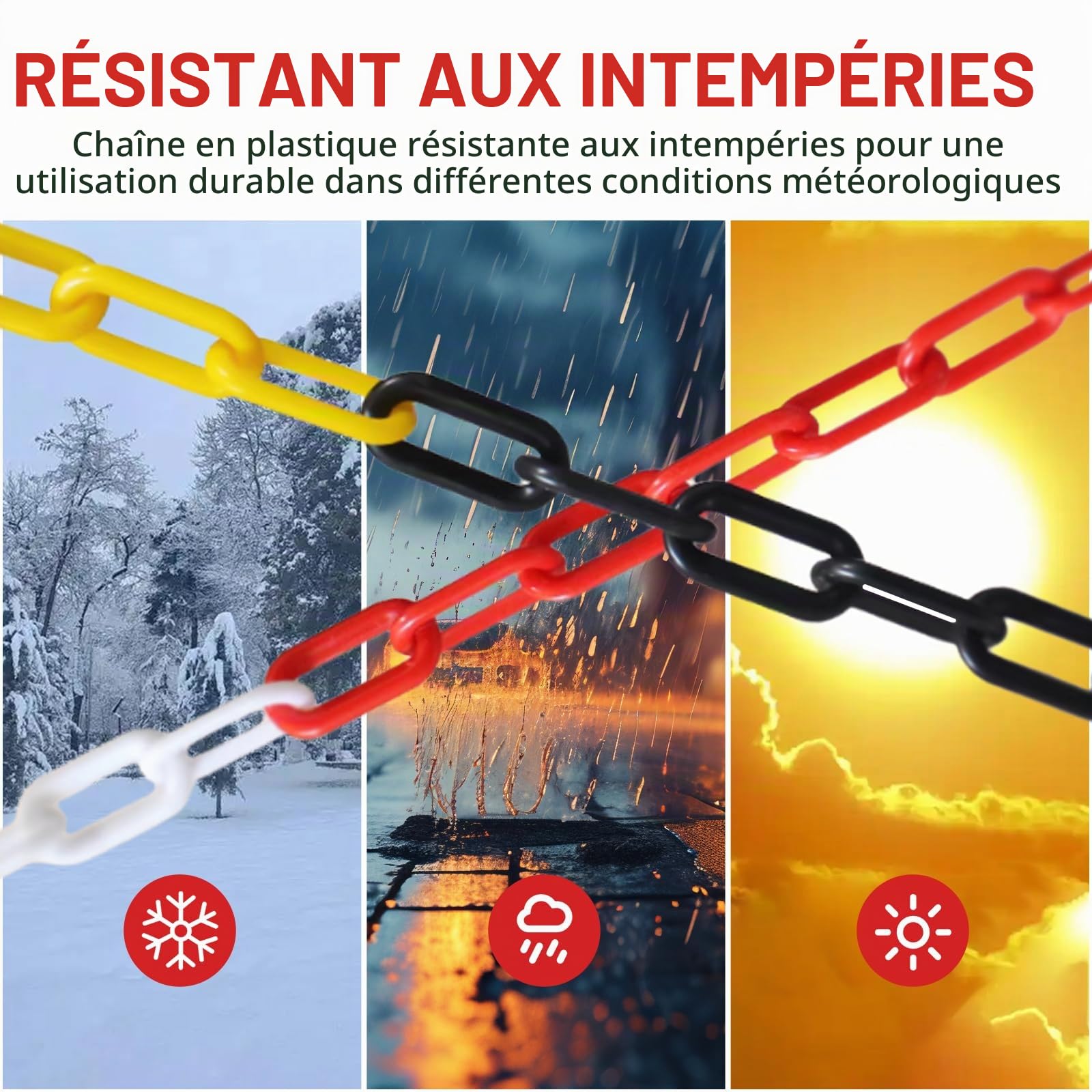 25m Barrière à Chaînes en Plastique Chaîne de Signalisation en Plastique Rouge et Blanc Avec 10 Mousquetons pour Avertissement Espace de Stationnement de Sécurité