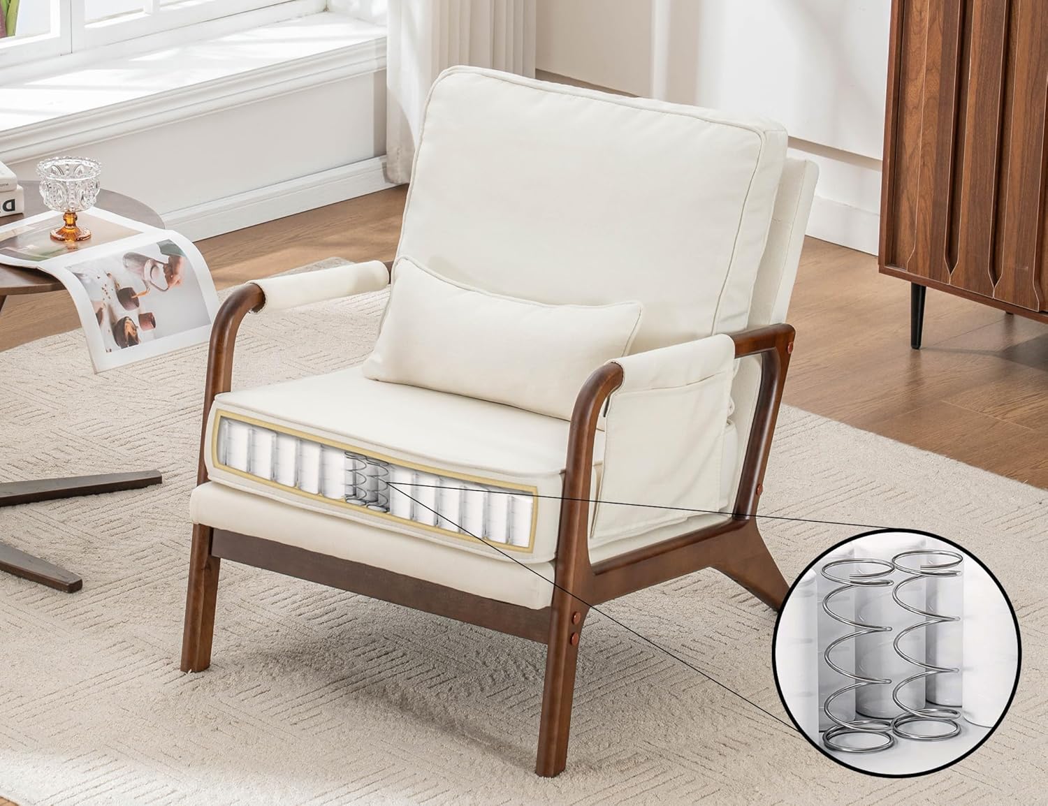 Mid Century Modern Chair Set of 2, Upholstered Lounge Arm Chair with Solid Wood Frame, Comfy Accent Chair for Living Room, Bedroom, Reading,Waiting,Reception, Beige