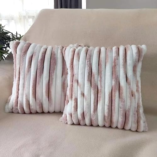 Miniatura 1 de Fundas de almohada de 18 x 18 pulgadas, fundas de almohada esponjosas a rayas, juego de 2 piezas, color blanco con rosa, 18 x 18 pulgadas