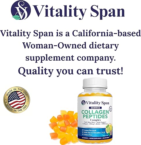 Miniatura 5 de Vitality Span Gomitas de colágeno con biotina (2500 mcg), vitaminas C, E, zinc  Hermosa piel, crecimiento del cabello, uñas fuertes, articulaciones