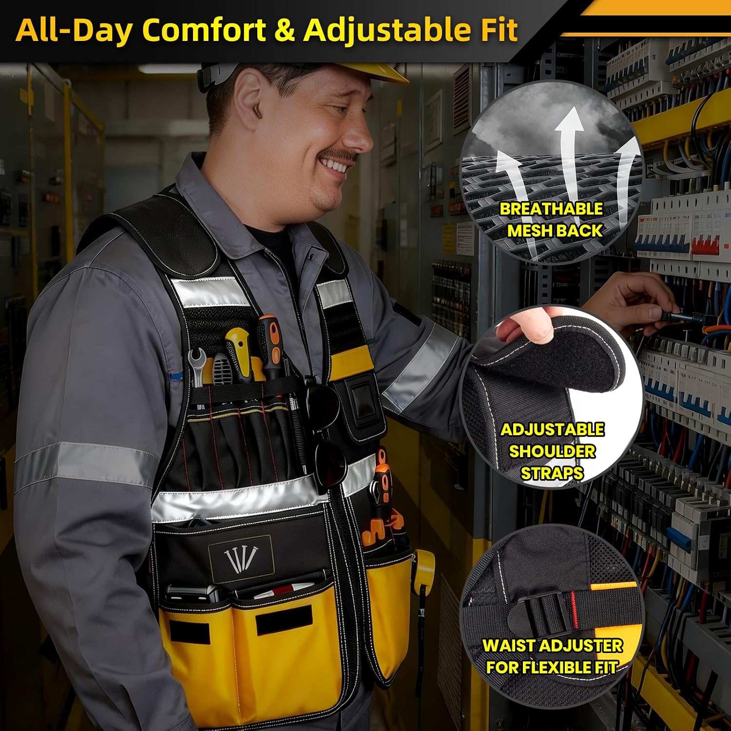 Electrician Tool Vest, Tool Vest for Men, Tool Vest Electrician with Molded Drill Holster, 17 Storage Spaces, 1680D Heavy Duty Adjustable Work Vest with Reflective Strips, Fits Chest 37"–64", Yellow