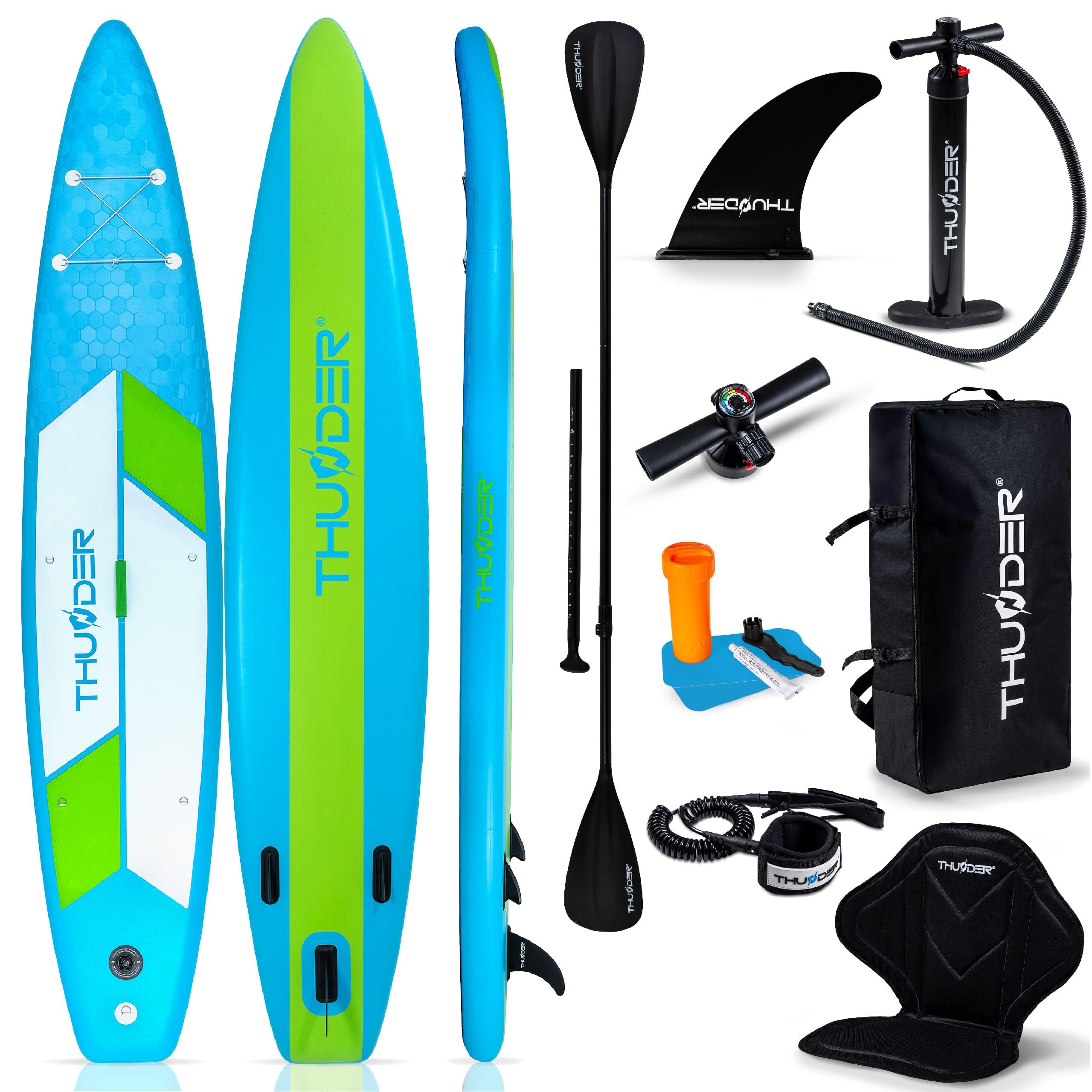 THUNDER - Tabla Sup inflable de 380 cm con asiento kayak – Stand Up Paddle Board Set con bomba, remo y mochila – Sup Touring para adultos y principiantes hasta 150 kg