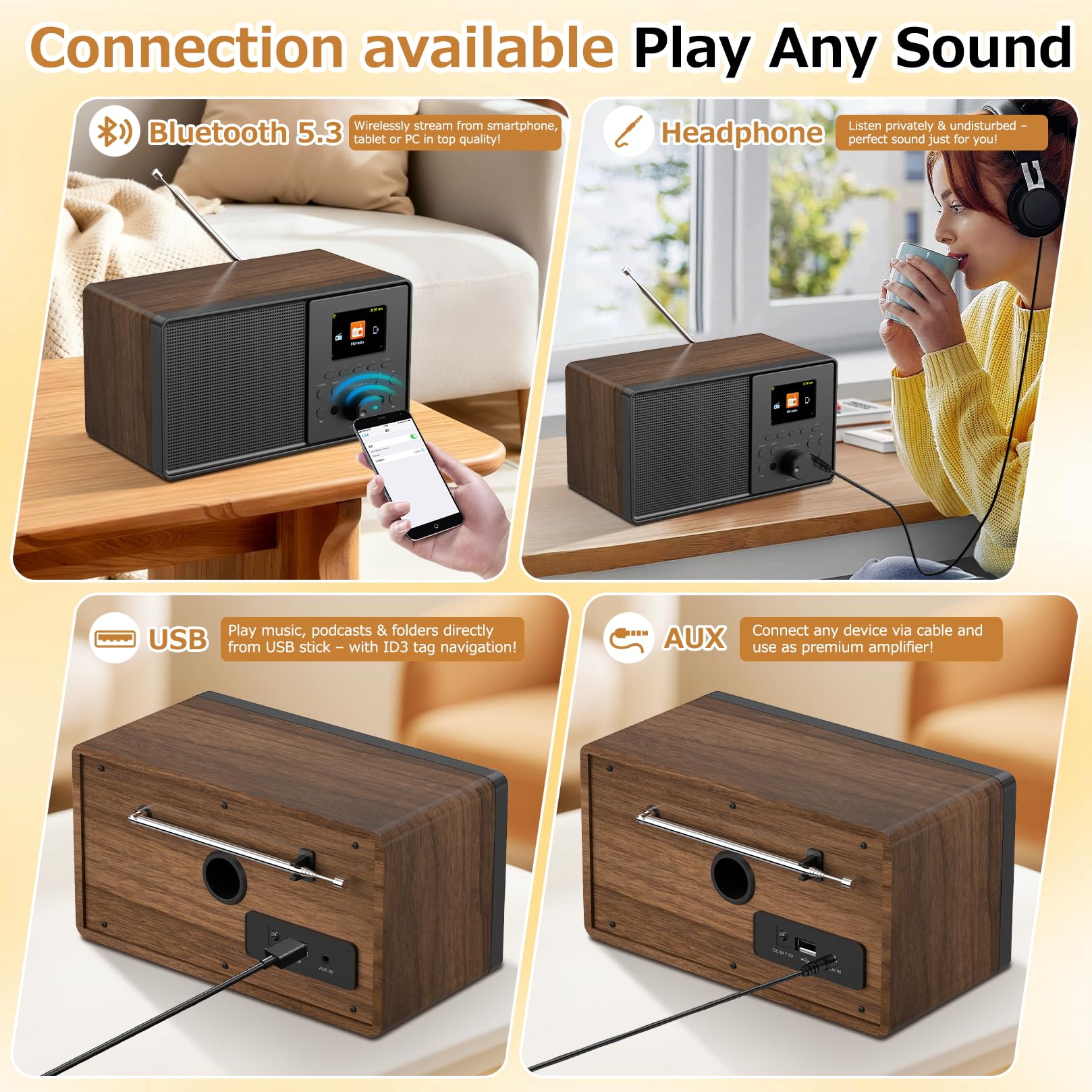 Internetradio WLAN DAB+ Radio mit Bluetooth 5.3 und Farbdisplay | 30.000 Sender, Podcast-Player, USB, AUX, Wecker und Fernbedienung für Küche, Wohnzimmer, Schlafzimmer, Büro und Garten
