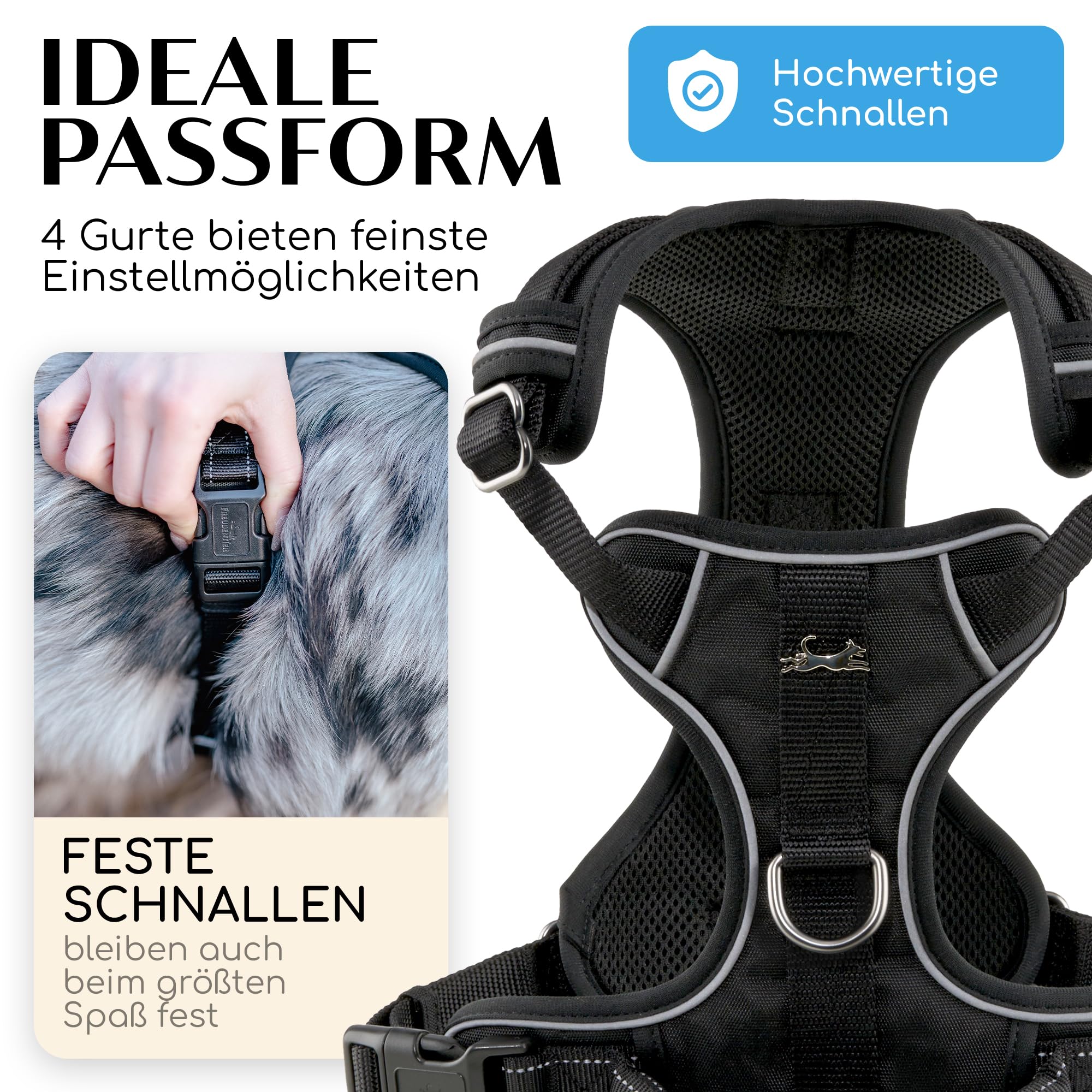 FREUDENTIER Hundegeschirr mit Griff, atmungsaktiv gepolstert - Bombenfester Sitz & maximale Sicherheit - Anti Zug Hundegeschirr kleine, mittelgroße & Grosse Hunde - Hunde Geschirr (Black, L)