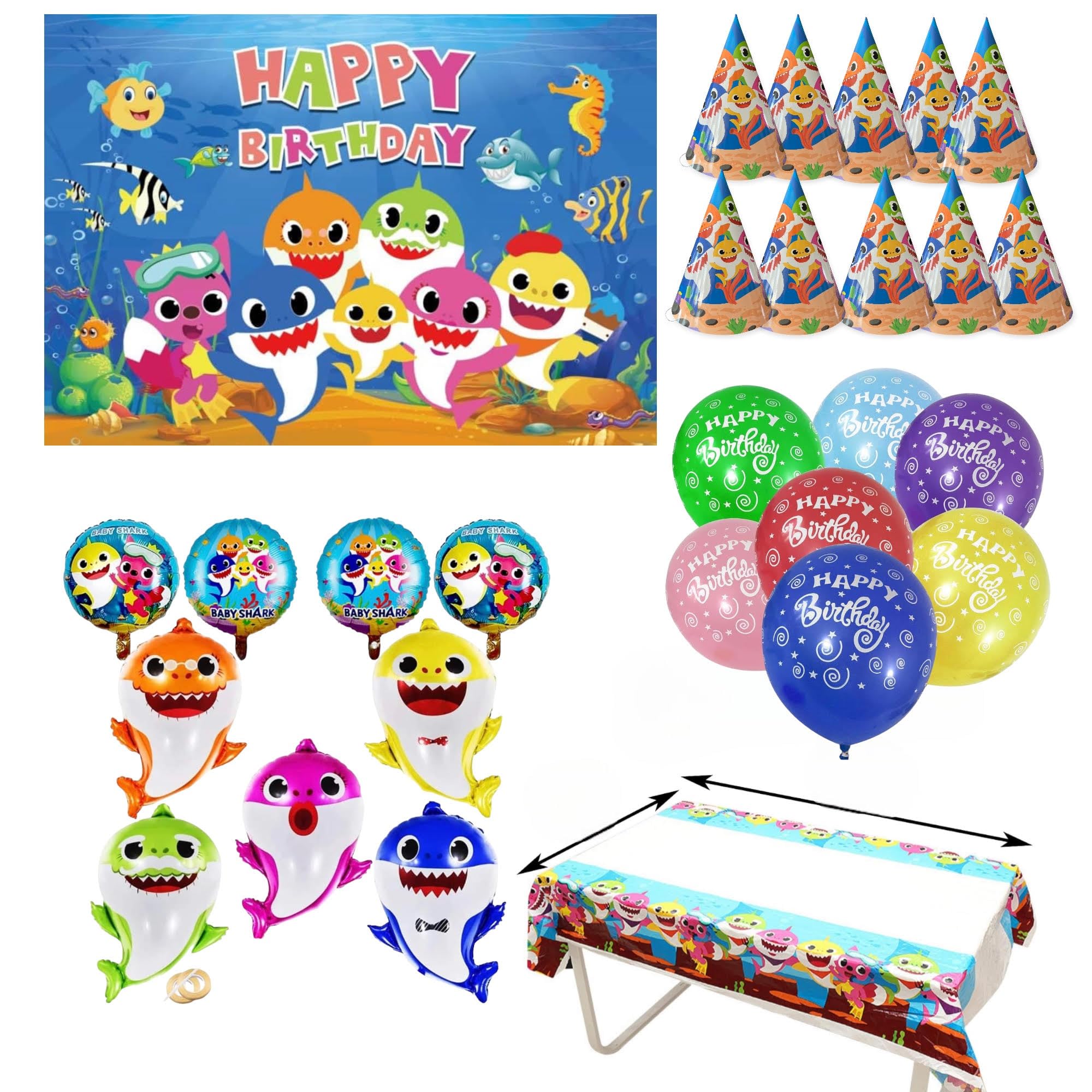 Complete Shark Birthday Party Decoration with Backdrop, Table Top, Foil Ballons, Latex Balloons, and Shark Paper Caps (46 Pcs )