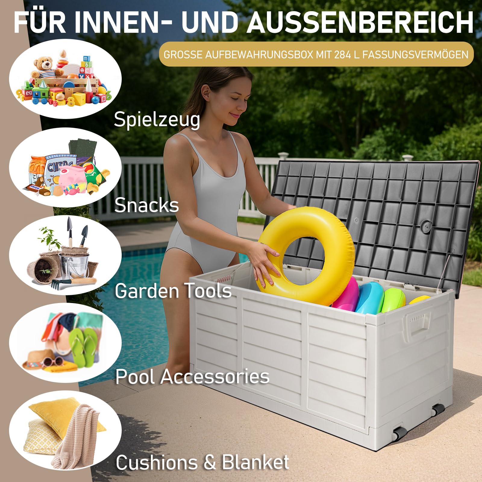 Faltbarer Gartenbox, 284L Fassungsvermögen mit Griffen und Rädern - Wasserfest und UV-beständig, Auflagenbox geeignet für Terrassen, Balkone, Wohnzimmer und Wintergärten, Schwarzweiß