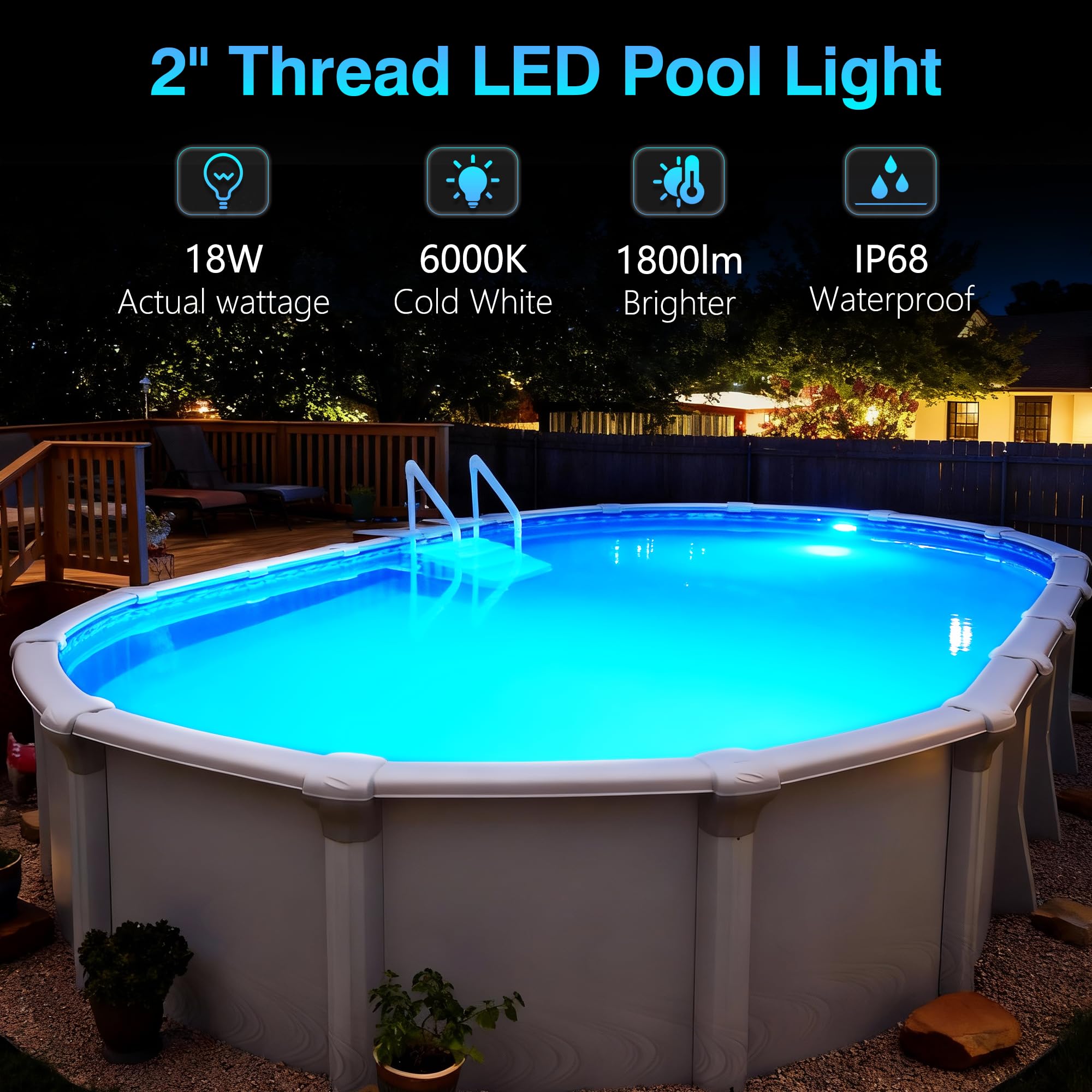 Luci Piscina LED con Filettatura 2", 18W Lampade Piscina 6000K Non Dimmerabile, 1800lm, Ø242mm, 12V AC/DC IP68 Impermeabile Riempito di Resina Faro Sommergibile per Piscine Fuori Terra Acciaio