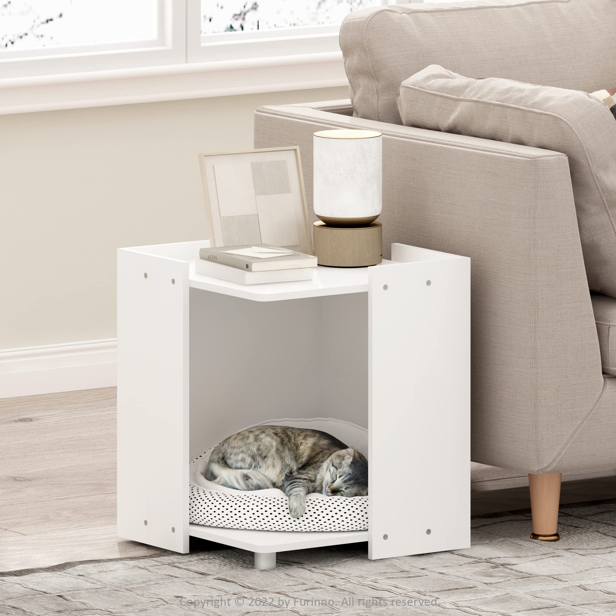 Furinno PELI Side Table, Square End Table with Storage Shelf, Night Stand, Bedside Table, for Living Room, Bedroom, Solid White