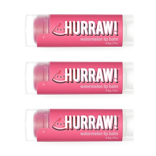 Hurraw! Bálsamo labial de sandía, paquete de 3: orgánico, certificado vegano, sin crueldad y sin gluten. Sin OMG, ingredientes 100% naturales. Sin