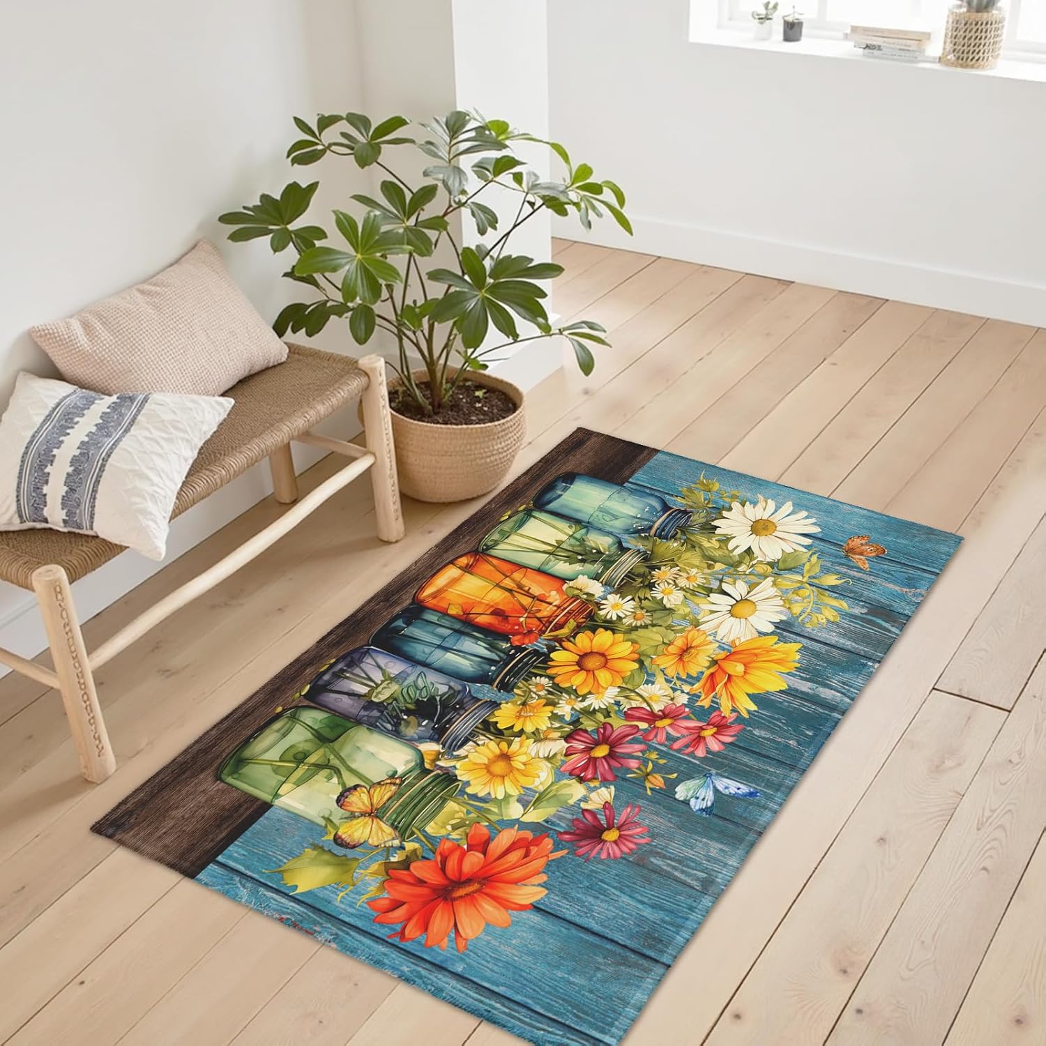 Daisy Entryway Area Rug Easter Spring Summer Vintage Flower Vases Door Mat 2x3 Rustic Floral Non-Slip Low Pile Front Doormat Washable Throw Rug for Living Room Bedroom Bathroom Kitchen