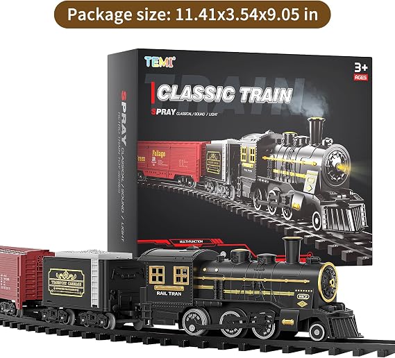 TEMI Steam Train Toy Set for Boys 3 4 5 6 7 Years, with Sounds & Light, Electric Classical Engine Locomotive for Kids, Rechargeable Model Train Kit for Christmas Tree, Cargo Car Railway Tracks