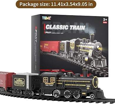 TEMI Steam Train Toy Set for Boys 3 4 5 6 7 Years, with Sounds & Light, Electric Classical Engine Locomotive for Kids, Rechargeable Model Train Kit for Christmas Tree, Cargo Car Railway Tracks