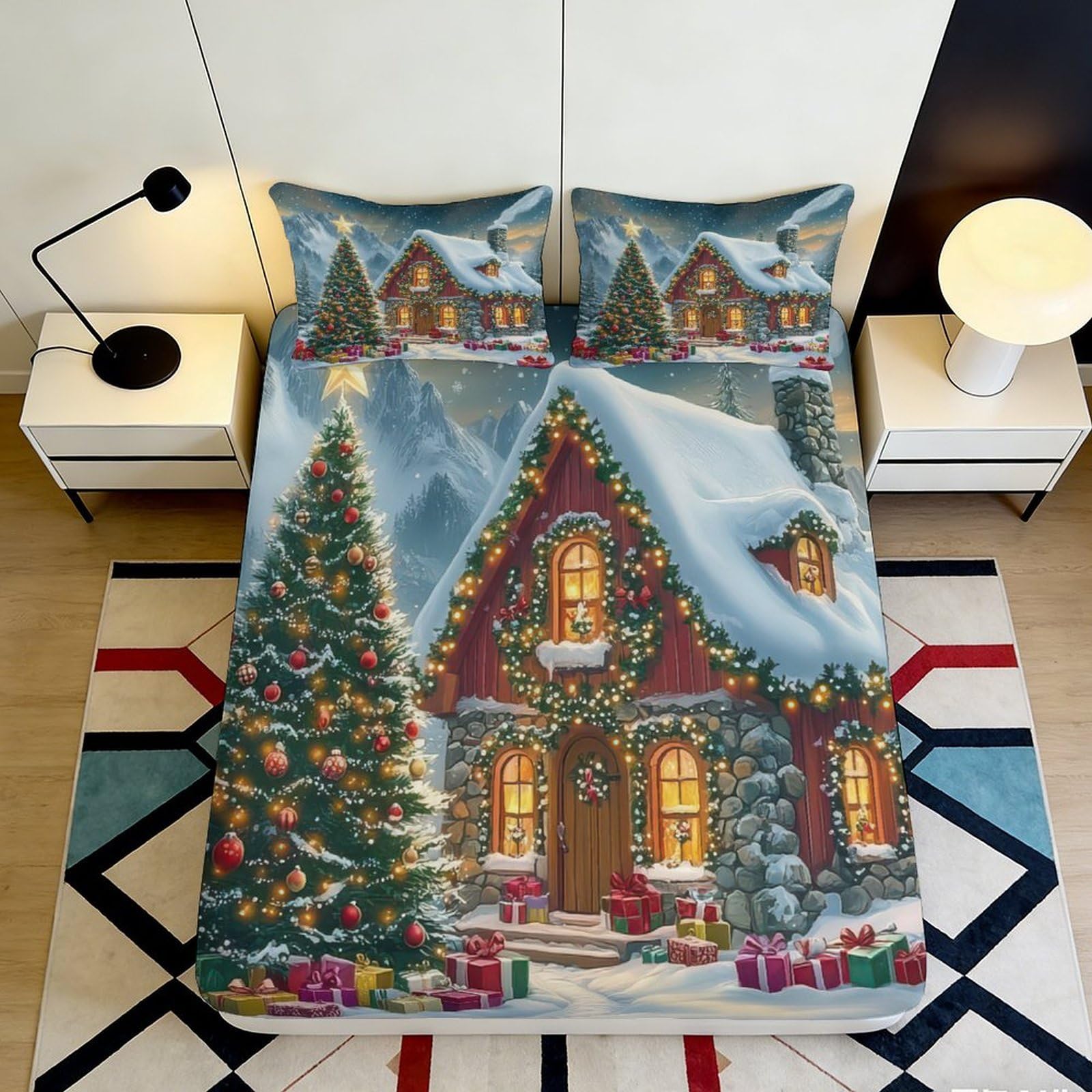 Pnayamiorkfel Style-9 3D Printed Snowy Cottage Fitted Sheet Microfiber Christmas Tree Bed Cover Non Slip Machine Washable Bedroom Decor 90X200x25cm