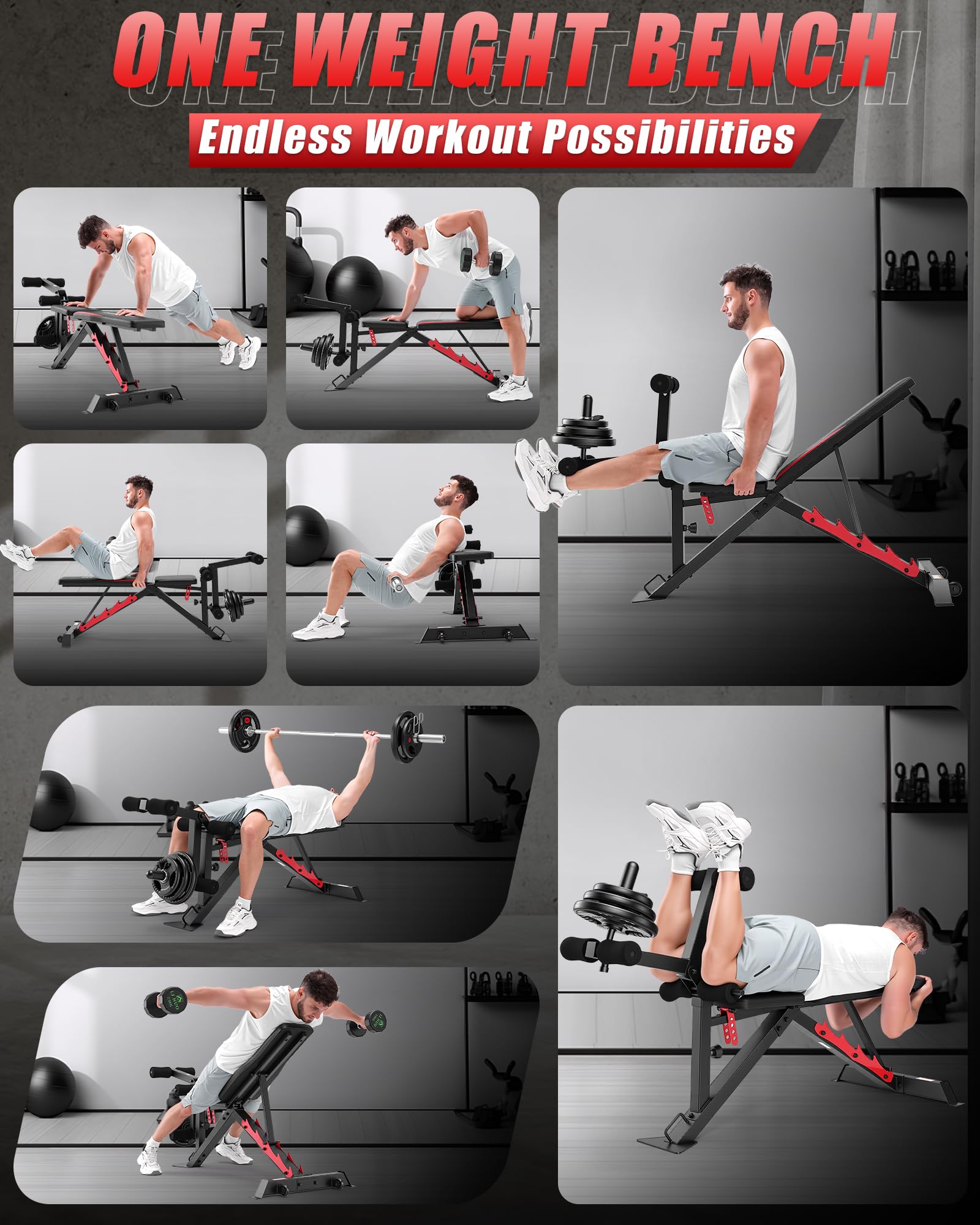 1200LBS Workout Bench with Leg Extension/Leg Curl, Adjustable Weight Bench for Home Gym, Heavy Duty Workout Bench for Full Body Workouts, Incline/Flat Bench Press Set for Strength Training