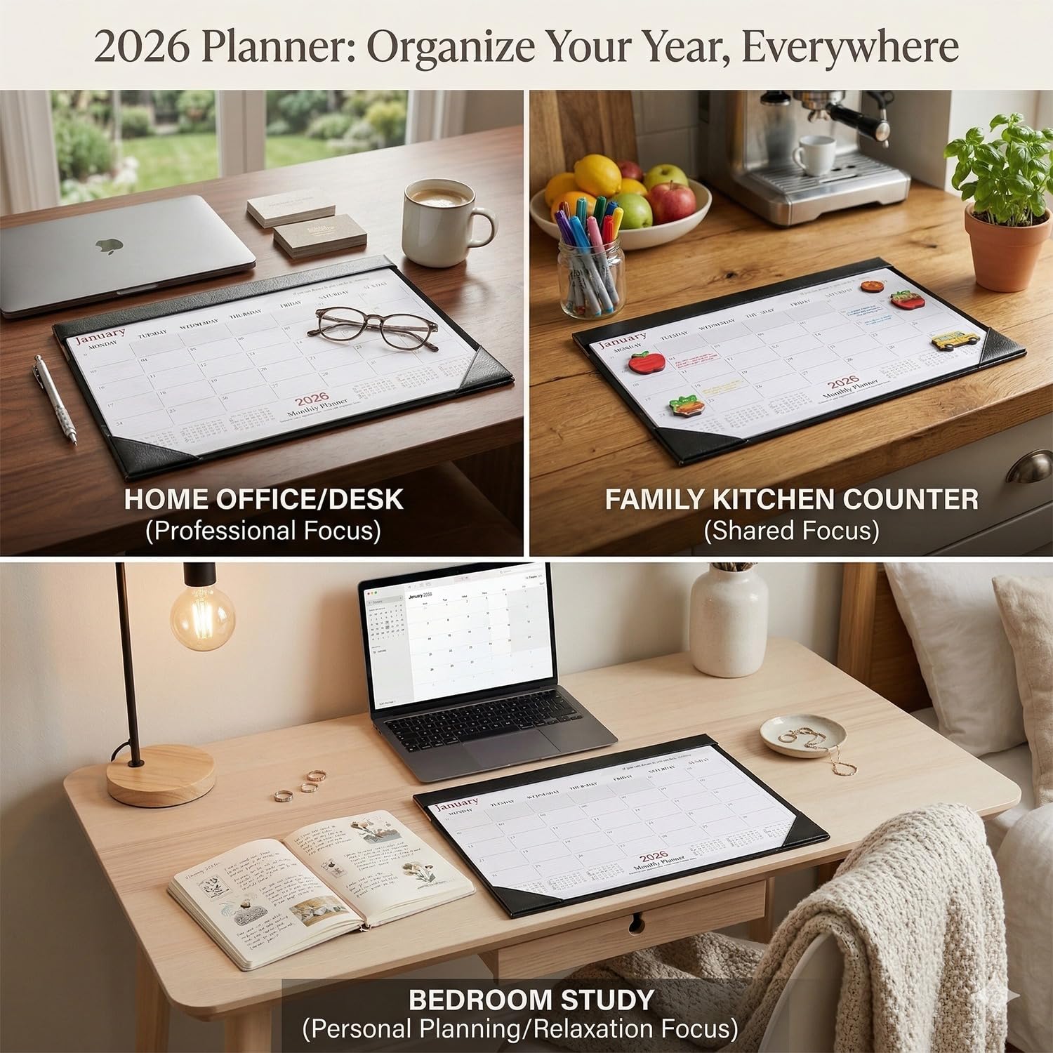 panku® Calendario de escritorio 2024 de piel sintética/tablero DM resistente, planificador de mesa lleno de año, planificación mensual, horario diario para oficina, escuela y hogar, paquete de 1