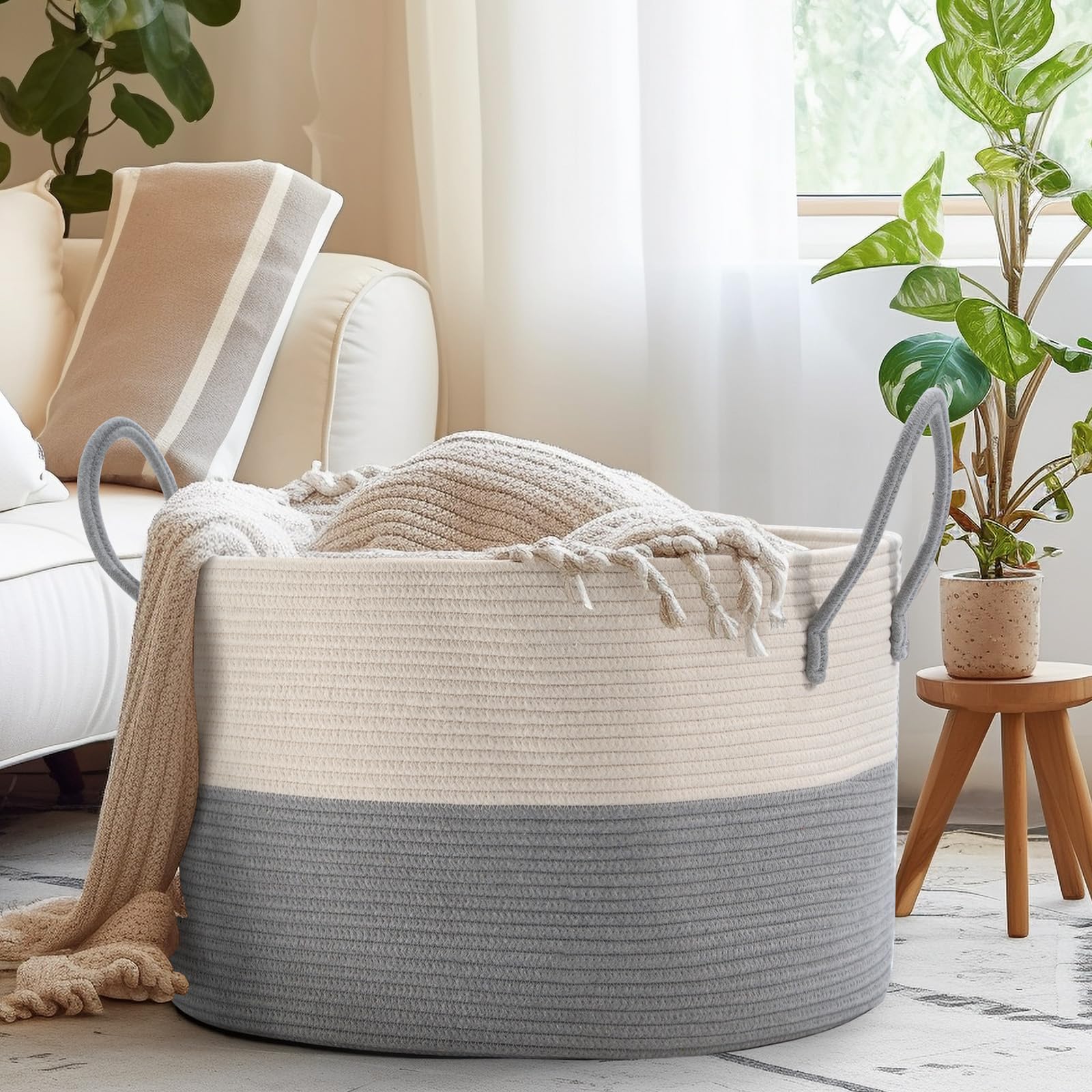 noonkty Cesto extra large, 55 cm di profondità x 35 cm di altezza, cesto in corda di cotone con manici, contenitore XXL per coperte per soggiorno, cestino decorativo per giocattoli, cesti per la