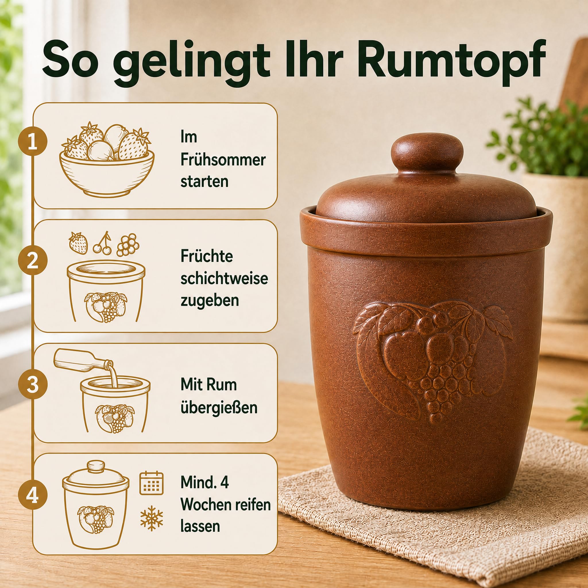 Gärtopf 10 Liter, Rumtopf, Sauerkrauttopf, braun
