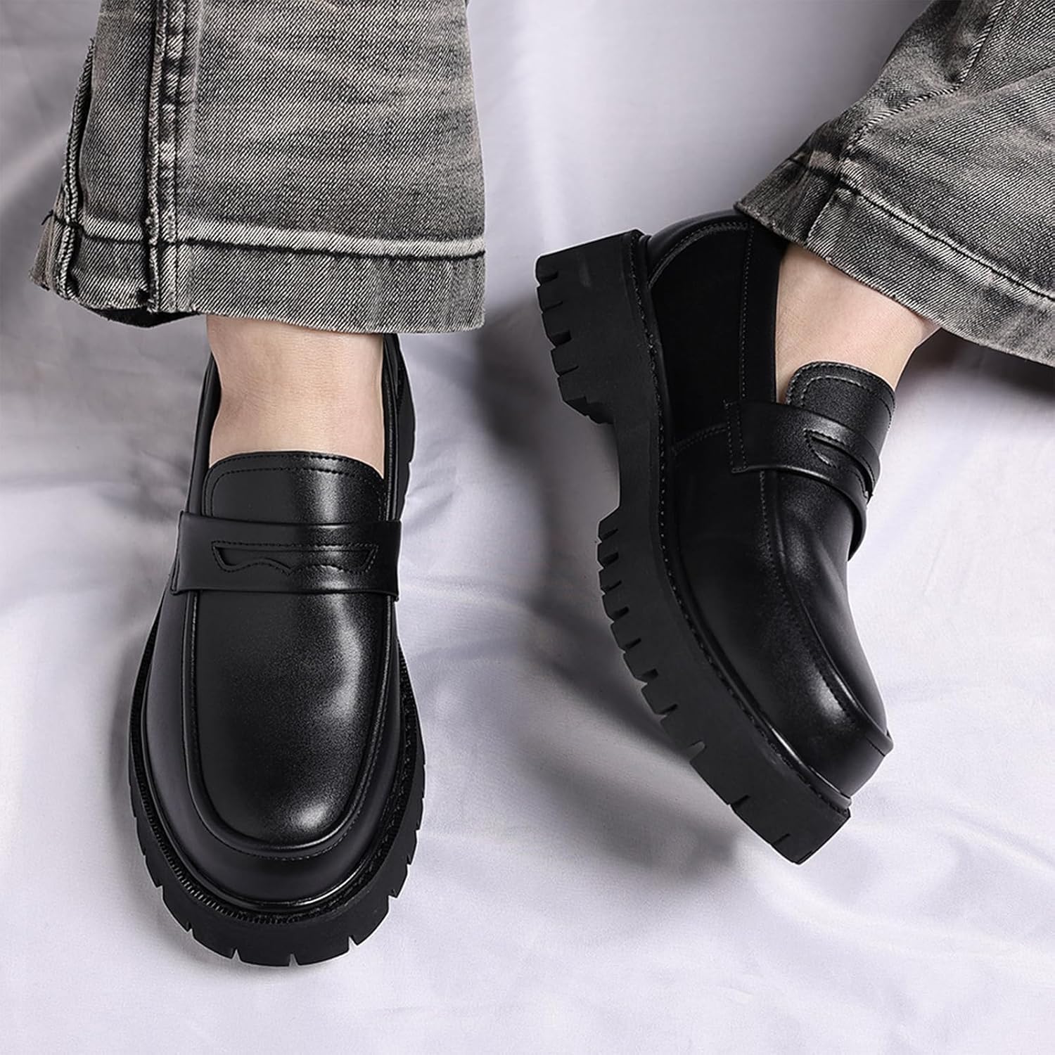 Men's Soft Leather Platform Chunky Loafers, Fashionable Business Casual Penny Dress Shoes, Non-Slip Lug Sole Slip-on Loafers
