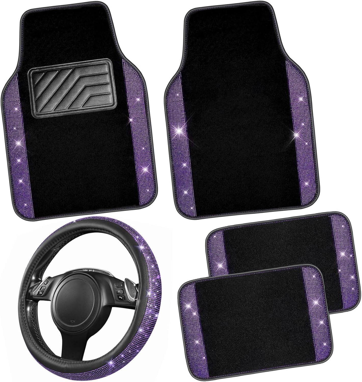 CAR PASS Bling Diamond Leather Steering Wheel Cover 14.5in-15in Floor Mats Shining Rhinestone Carpet Sparkly Glitter Crystal Anti-Slip Pad Fit Automotive SUV Pickup Truck Girl Women, 5pcs Black Purple - Image 8